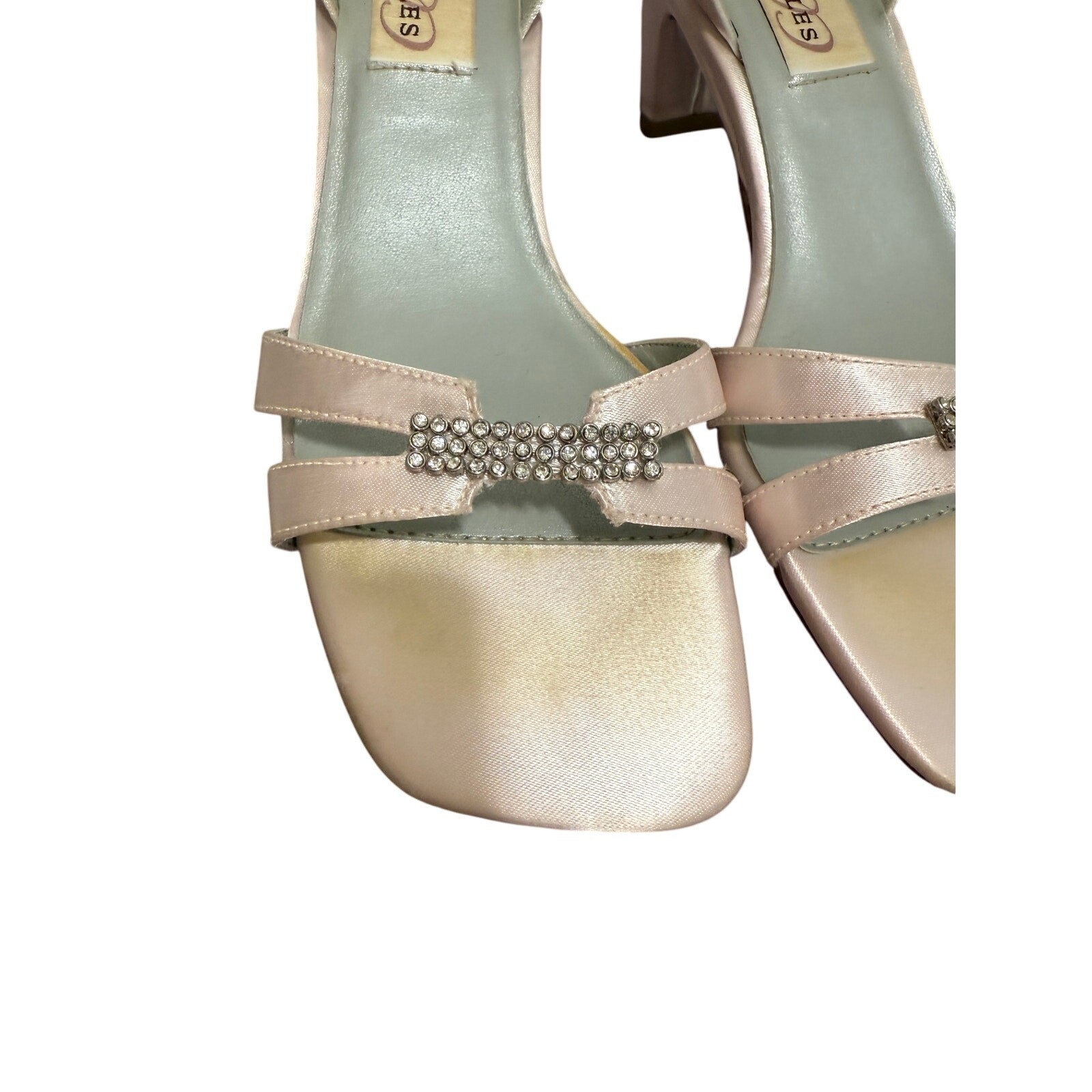 Dyeables Soft Pink Satin Size 5.5B Sandal Heels w/ Rhinestone Accent