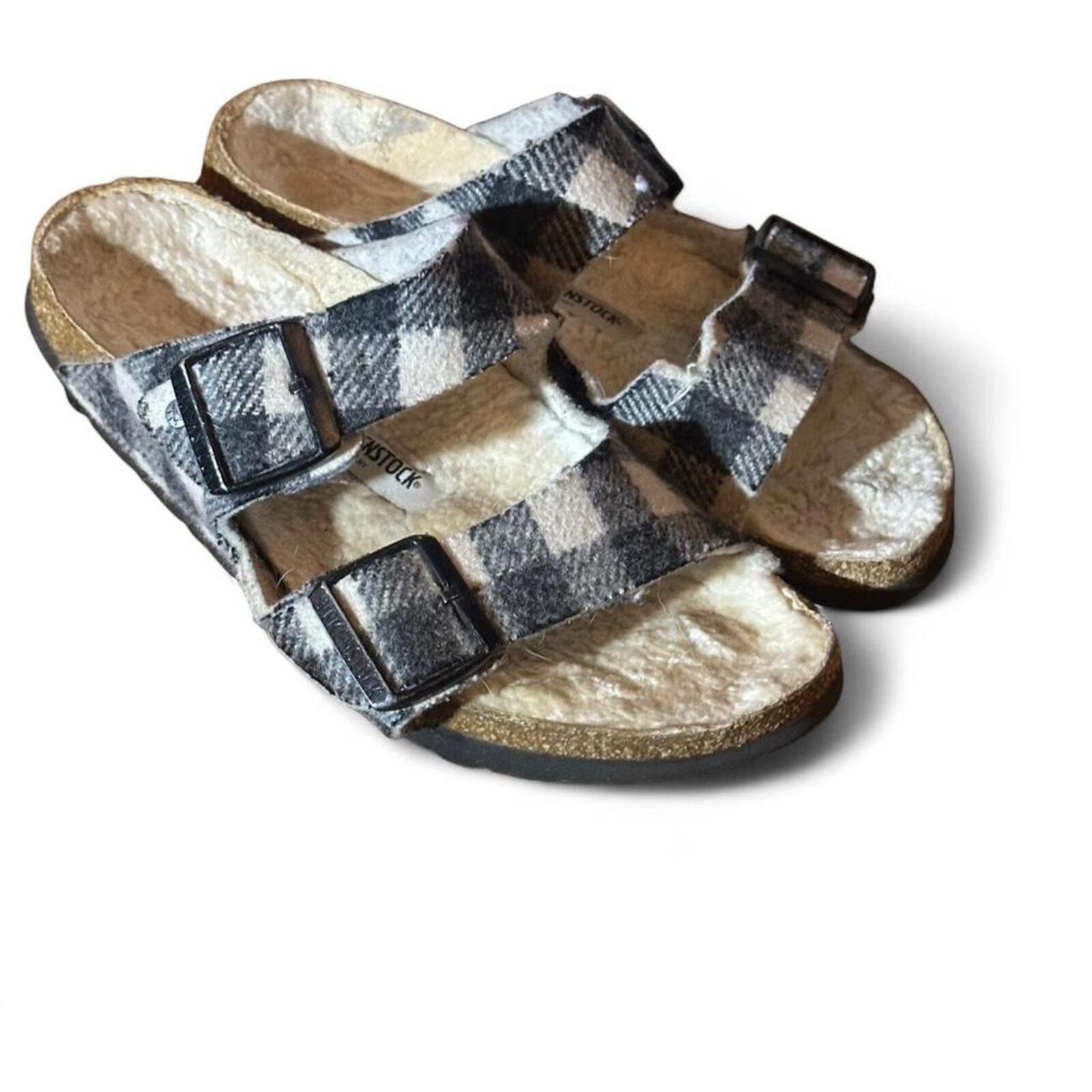 Birkenstock Arizona Shearling Plaid White Sandal Size 38 Narrow / Regular