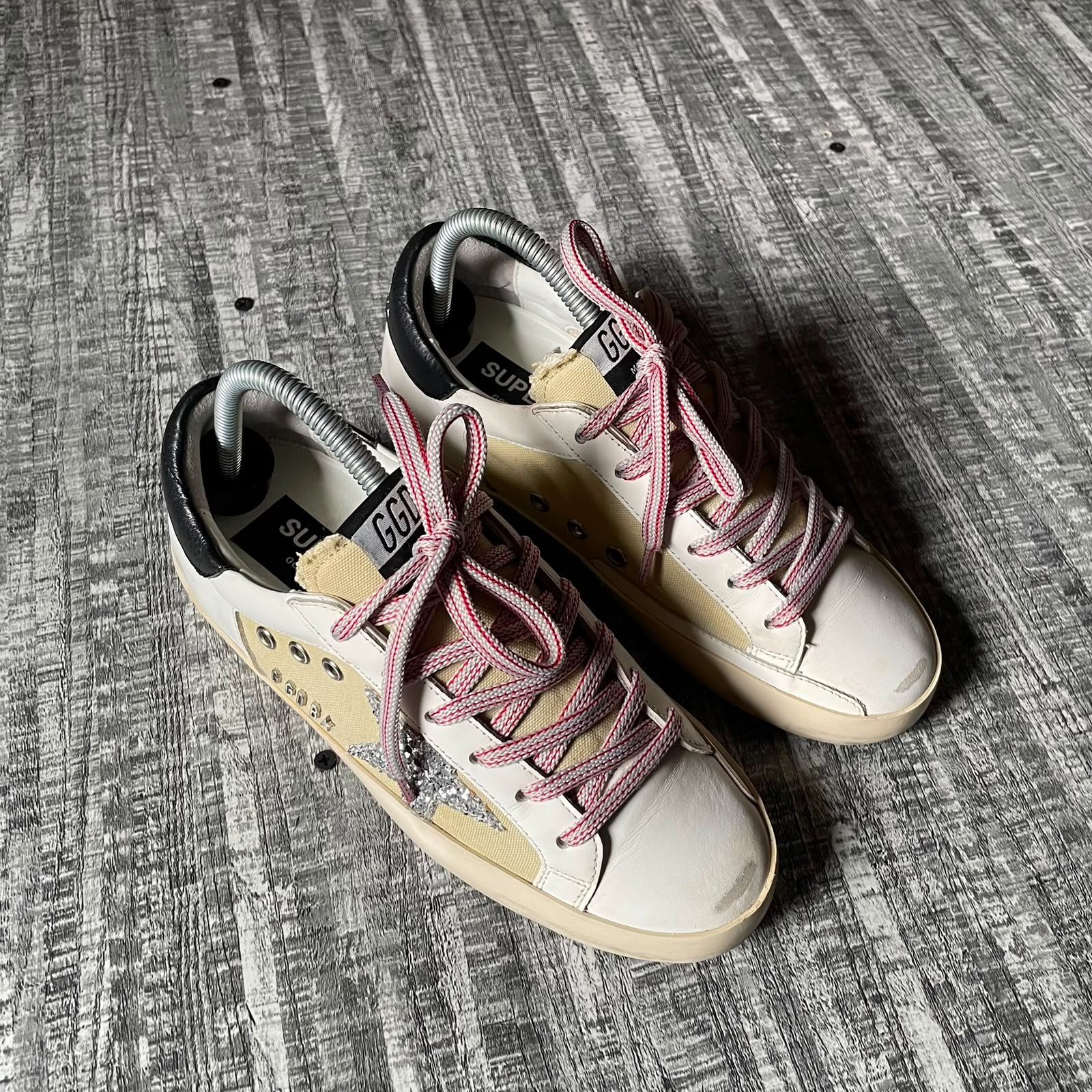 GOLDEN GOOSE SUPERSTAR WHITE LEATHER GLITTER STAR LOW TOP SNEAKERS SIZE EU 38