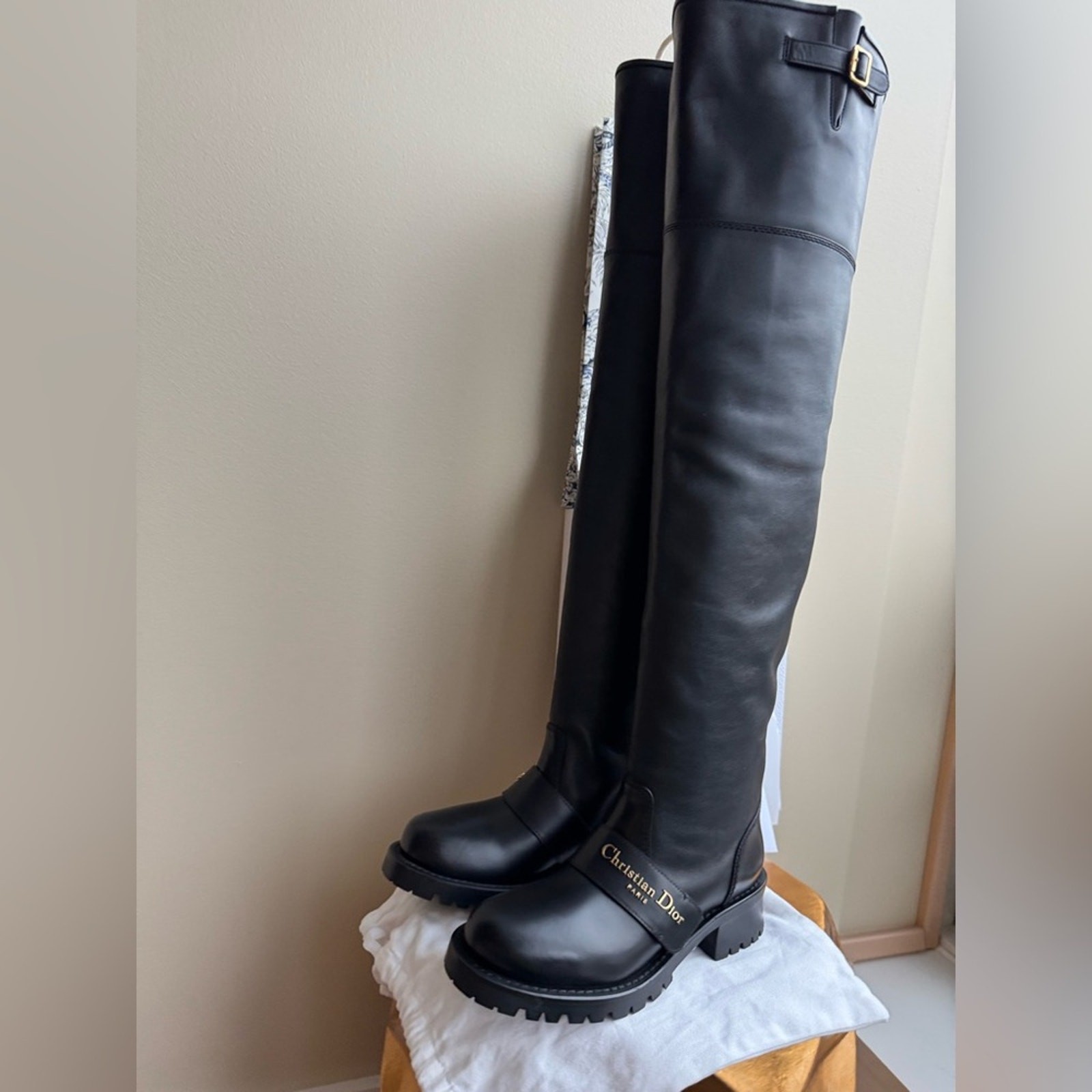 NWT Christian Dior D-Quest Thigh Black Leather Boots, size 37 (US 6-6.5)