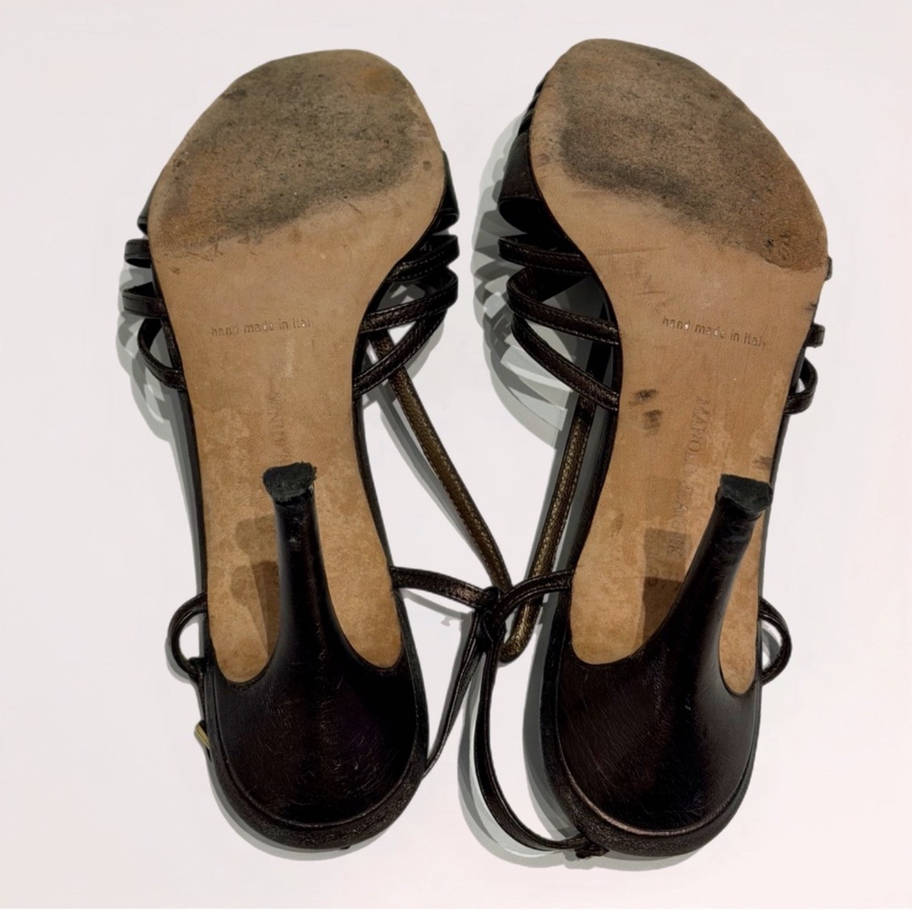 Manolo Blahnik Vintage Metallic Gunmetal Leather Strappy Slingback Heels 37.5