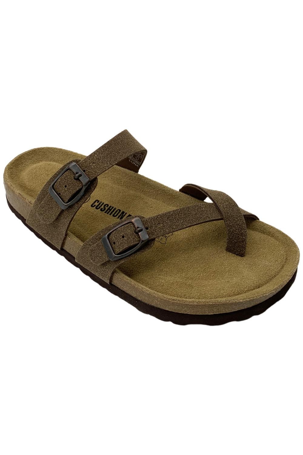 Cushionaire Women’s Luna Cork Footbed Sandal Brown Vegan Suede