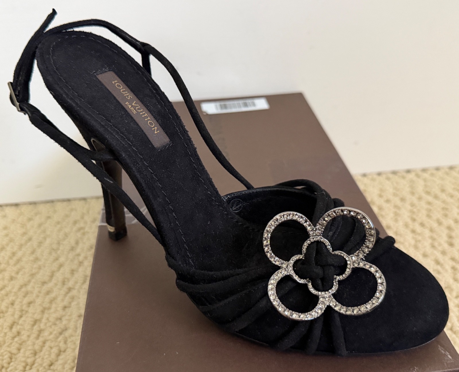Louis Vuitton Monogram Flower Logo Crystal Black Suede Slingback Pumps 36 $1695