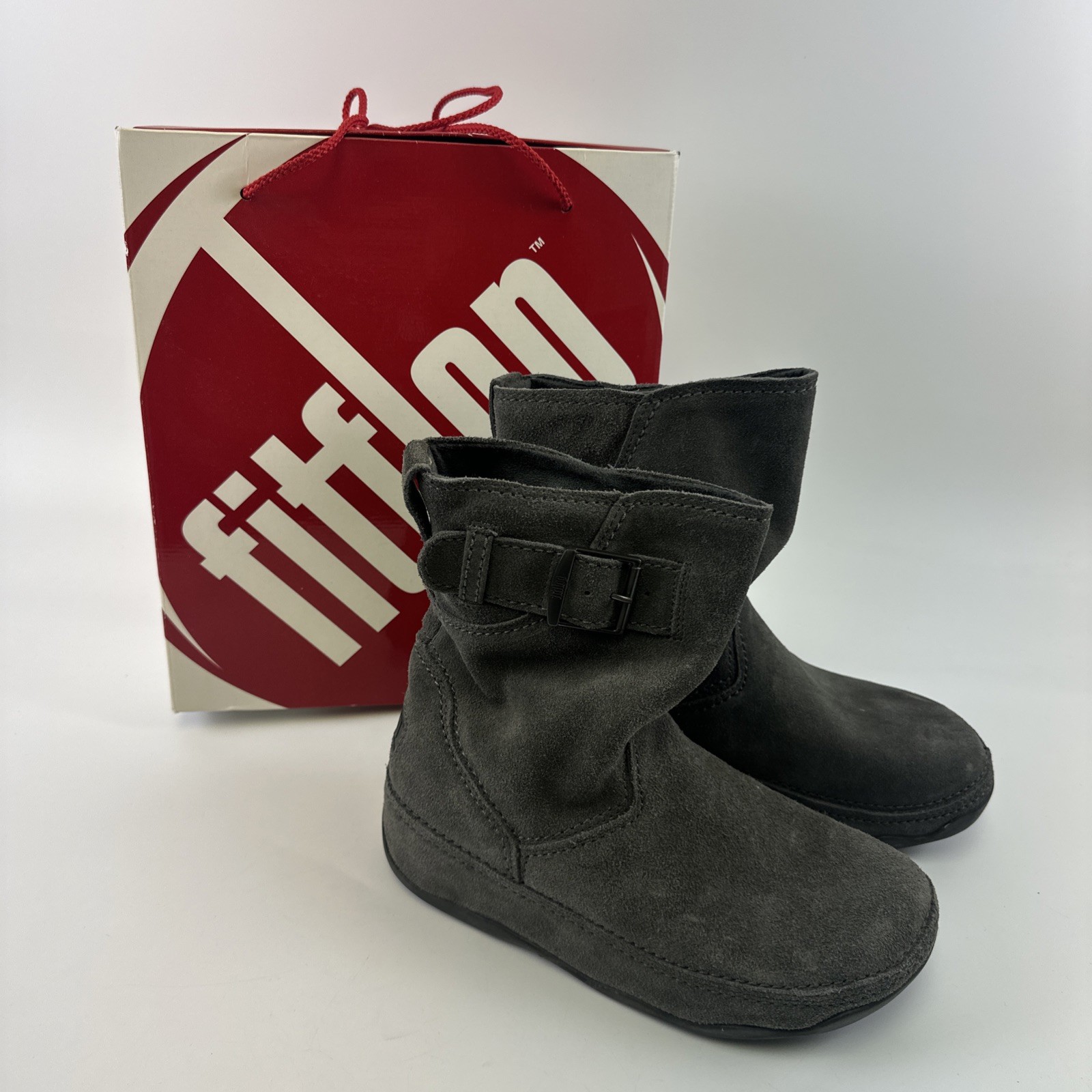 FitFlop Superboot Short Smoke Gray Suede Pull On Buckle Comfort Toning Womens 7