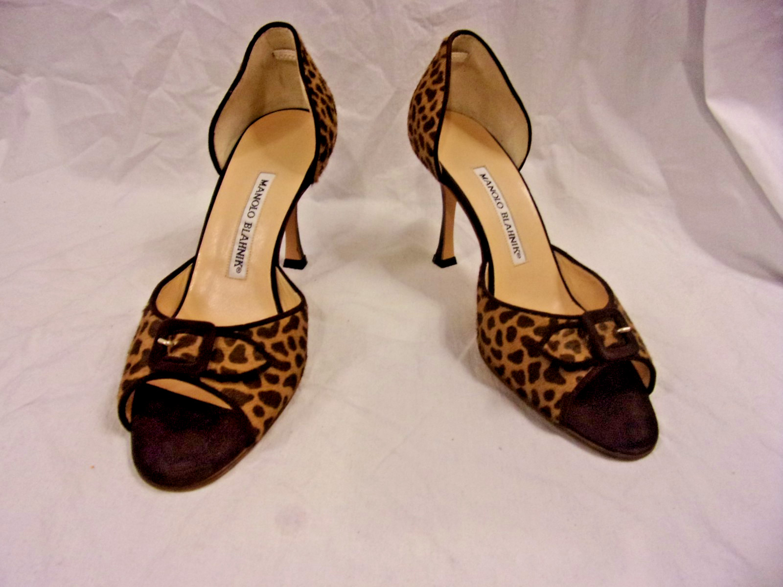 Manolo Blahnik Leopard Calf Hair Peep Toe Buckle Front 37 NWOB