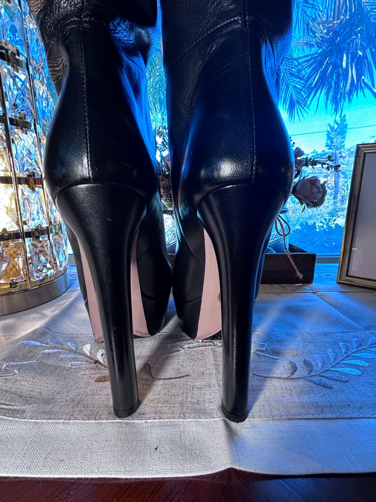 Authentic Gucci Black Leather Knee High Platform Boots Size 39.5 Italy High Heel