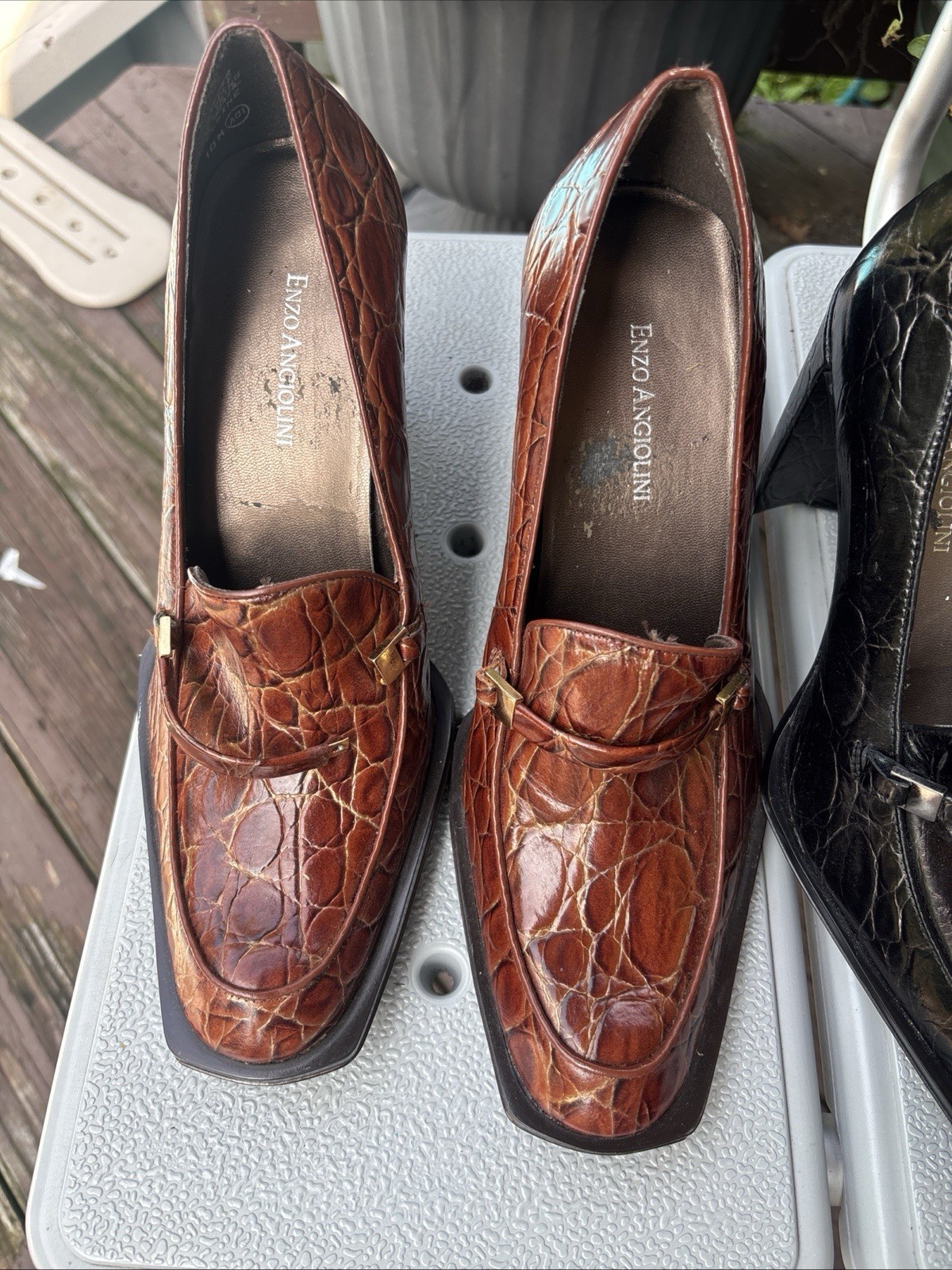 Enzo Angiolini Brown/Black Leather Croc Square Toe Block Heel Pumps 10. Two Pair