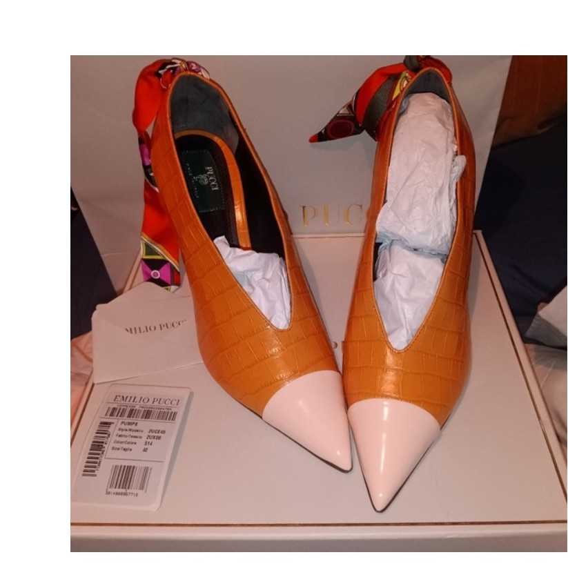 Emilio Pucci Orange Crocodile Leather Pointed Toe Bow Stiletto Pumps 10