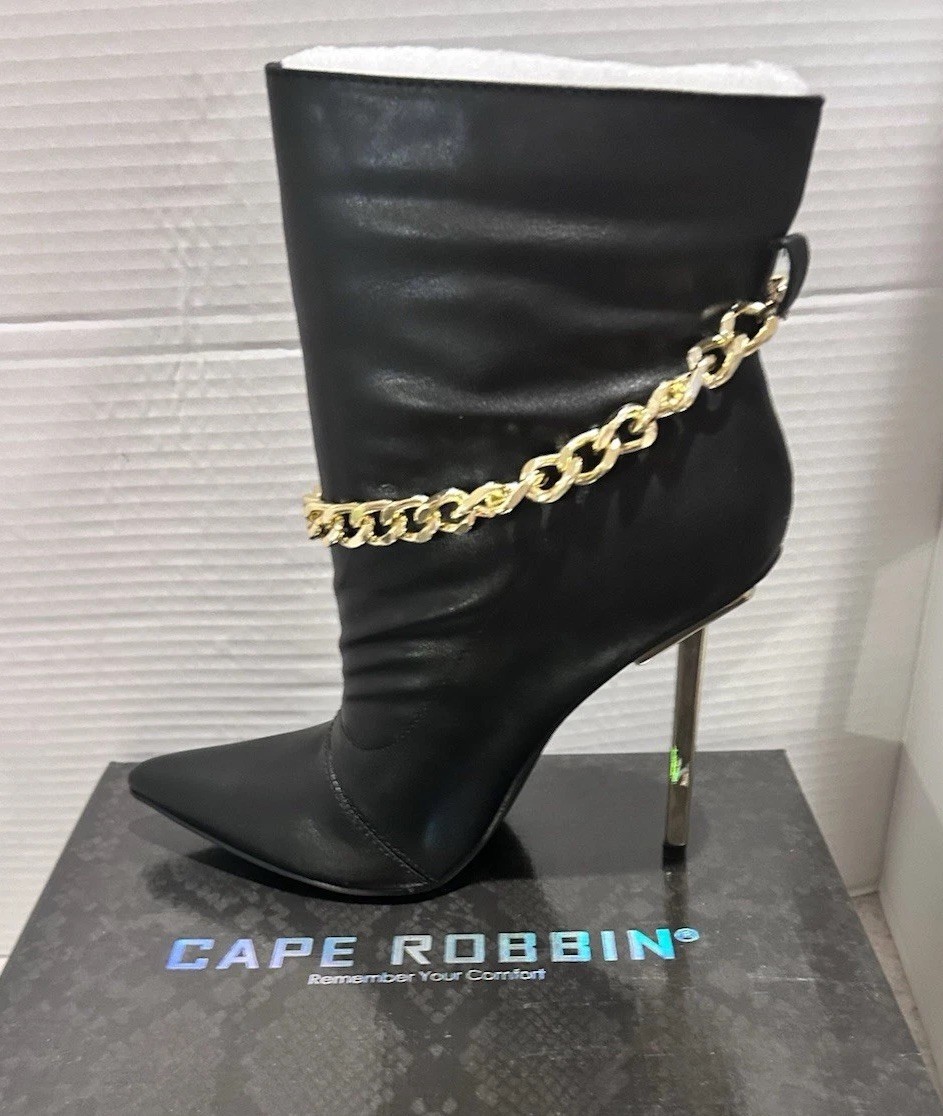 New Black Booty Boots Sz 8 Industrial Designer Gold Chain Metal Stiletto Heel