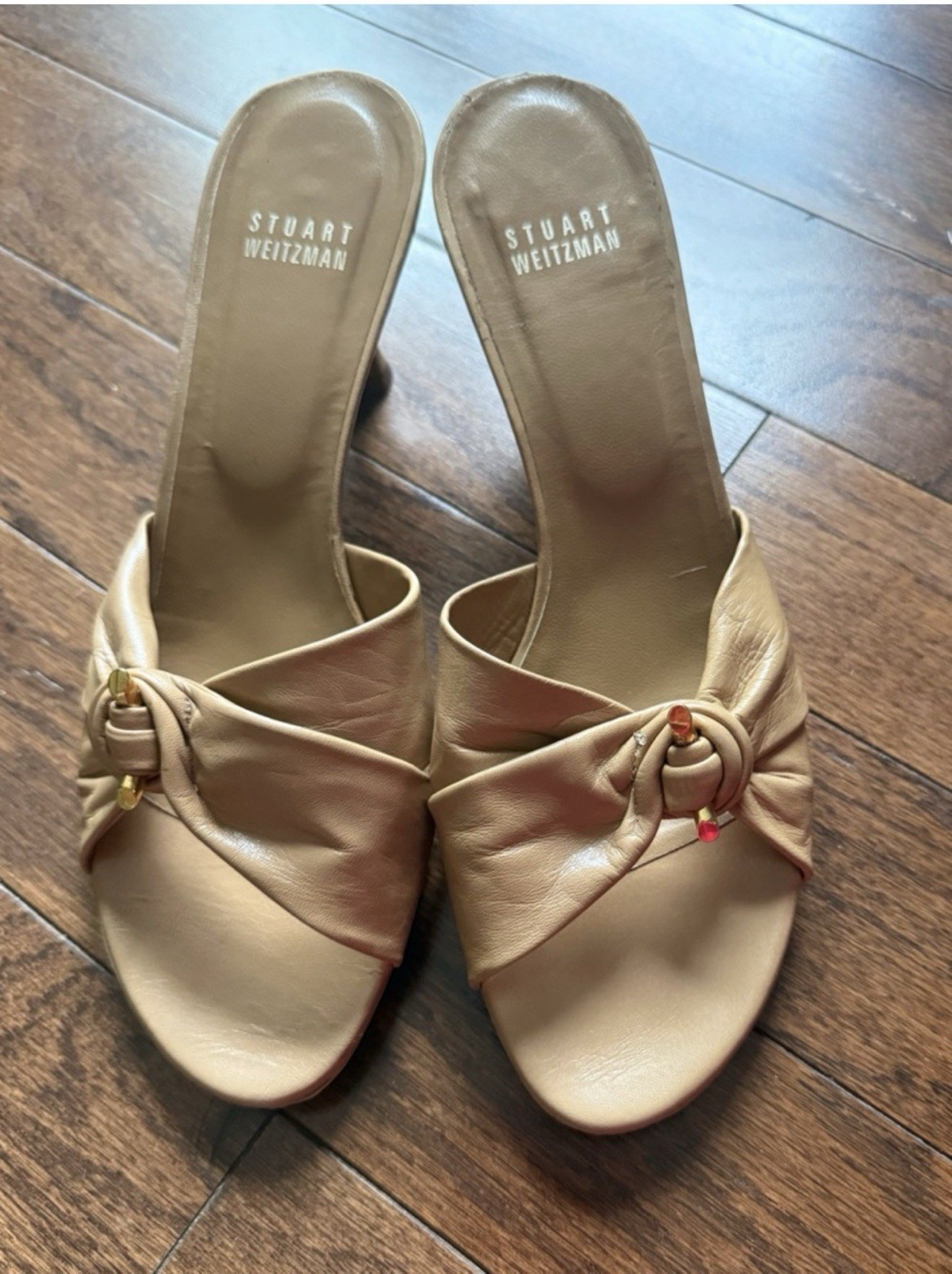 Stuart Weitzman Women’s Beige Leather Bow Slip-On Open Toe Heels 7