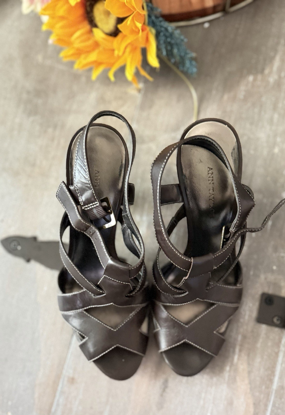 Ann Taylor Brown Leather Strappy Open Toe Slingback Heels w/ Buckle