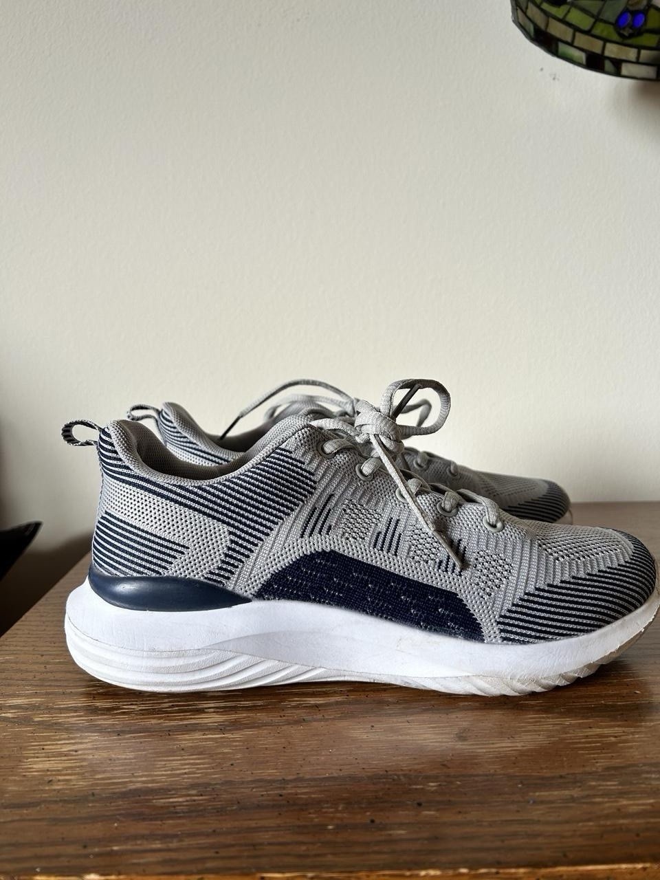 Lifestyle striped sneakers in grey & blue. Cute for walking, casual, gym 8.5