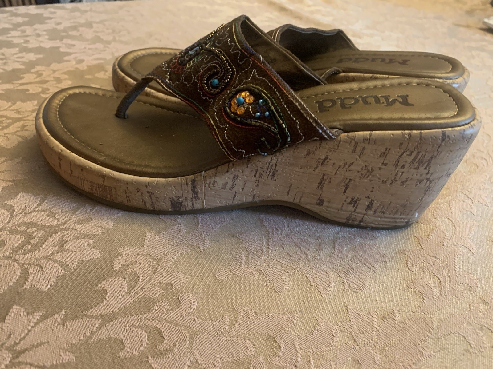 Mudd Vintage Y2K Cork Platform Sandal Size 9M Floral Beaded 90s Chunky