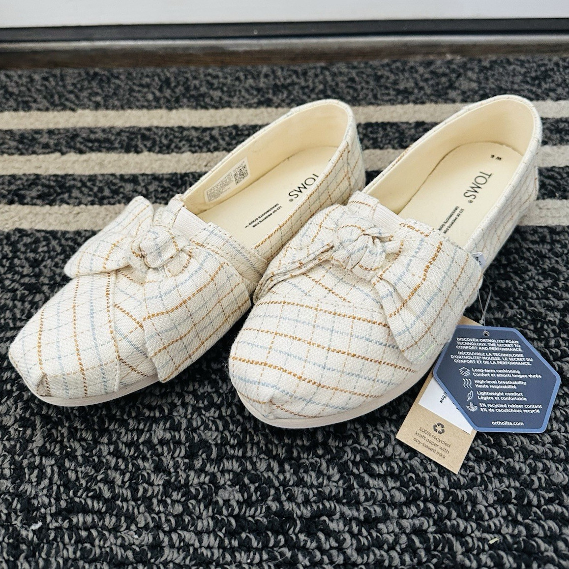 TOMS Women’s Canvas Slip-On Flats Check Pattern Bow Beige/Blue US 5