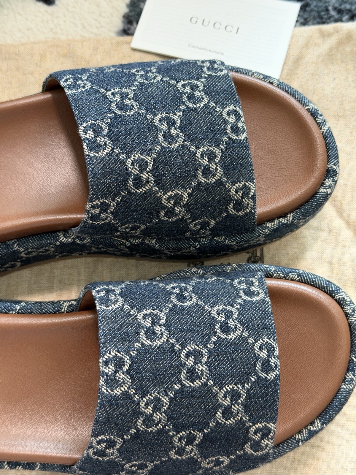New!!! Gucci New Denim GG Monogram Angelina Platform 55mm Slide Sandals 37.5