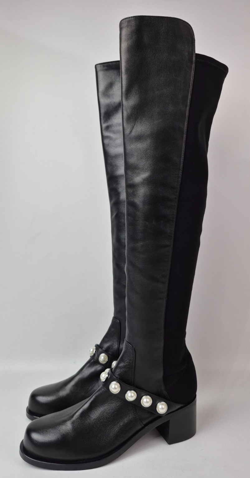 Stuart Weitzman Women’s Black Portia 5050 Studded Pearl Boots Size 9