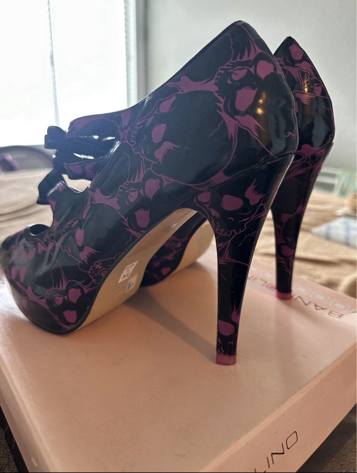 Iron fist Women’s Black Purple Skull Print Strappy Open Toe Stiletto Heels