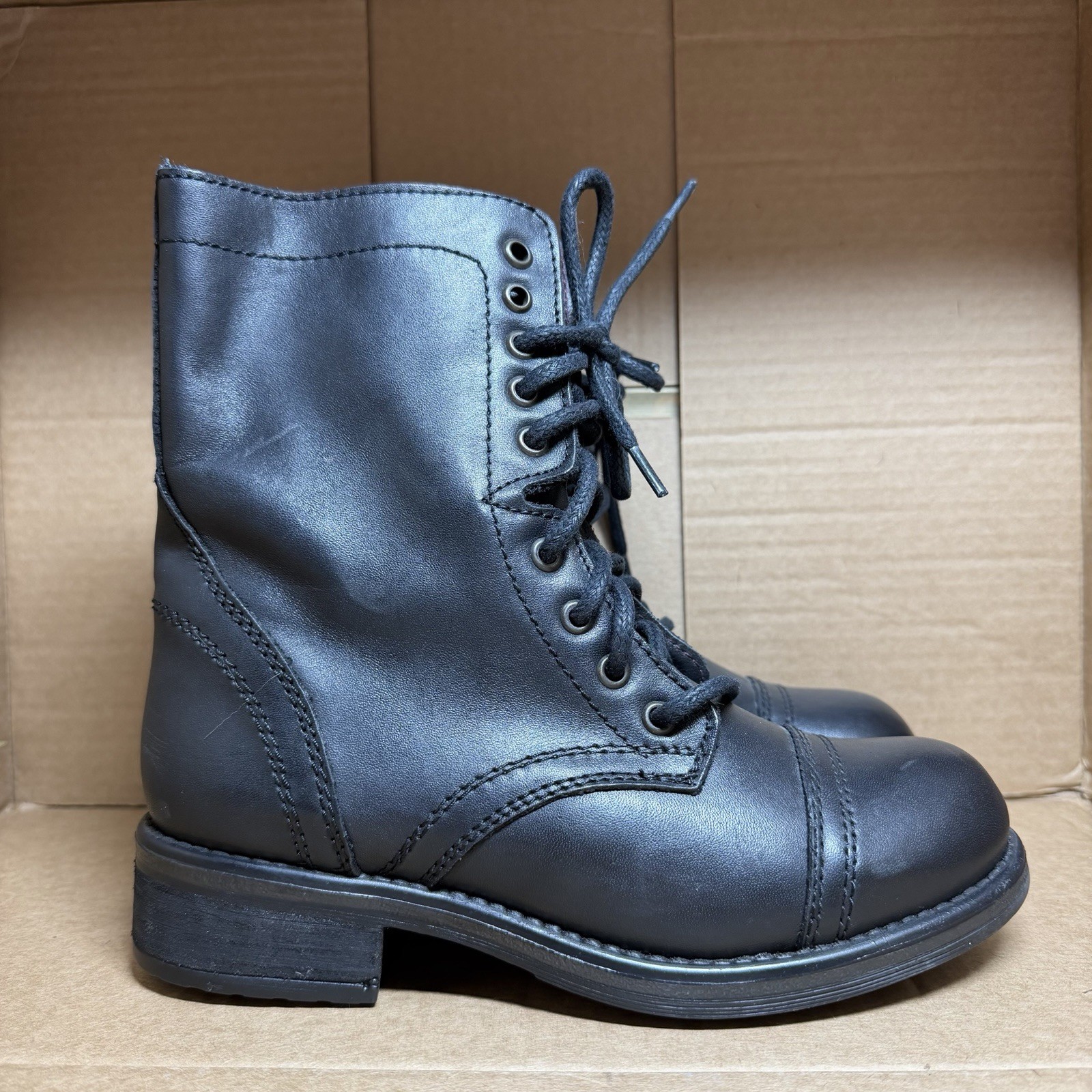 Steve Madden Troopa 2.0 Black Leather Zip Lace Combat Boot Size 7.5 W