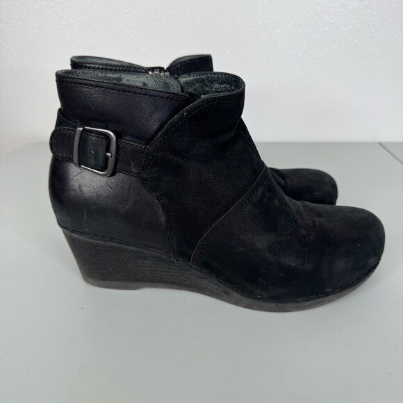 Dansko Black Leather Wedge Heel Ankle Booties Size 42