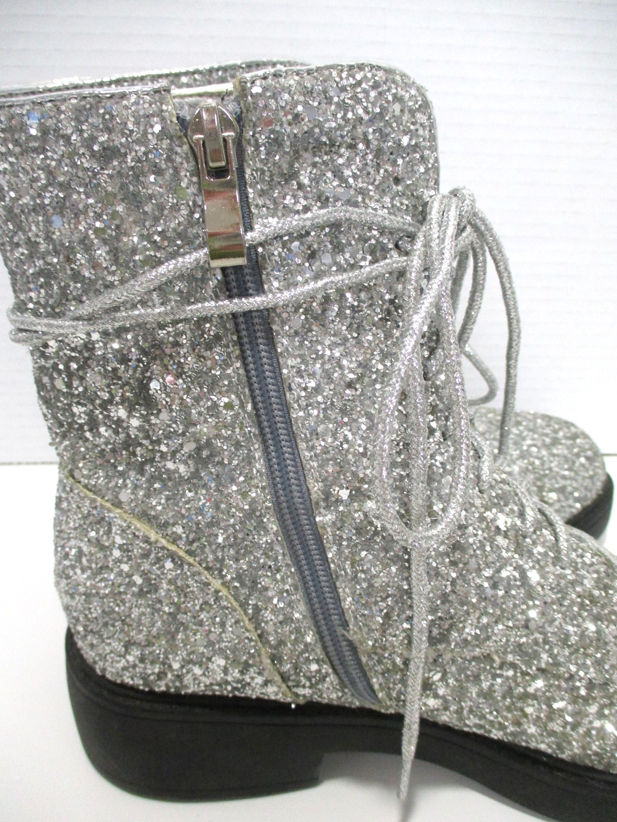Fashion Glitter Combat Boots Womens 7 Silver Lace Up Zipper Boots Shoes READ