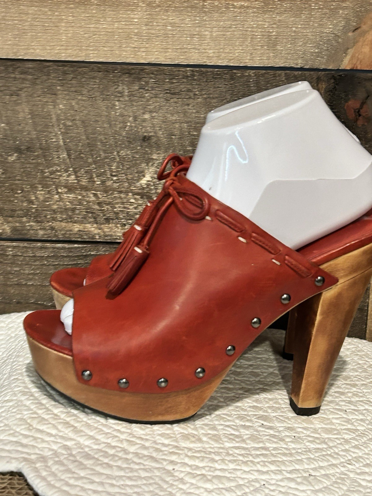 90s Platform Clog Mules Size 8 Via Spiga Red Leather Wood Studded Peep Toe 70s
