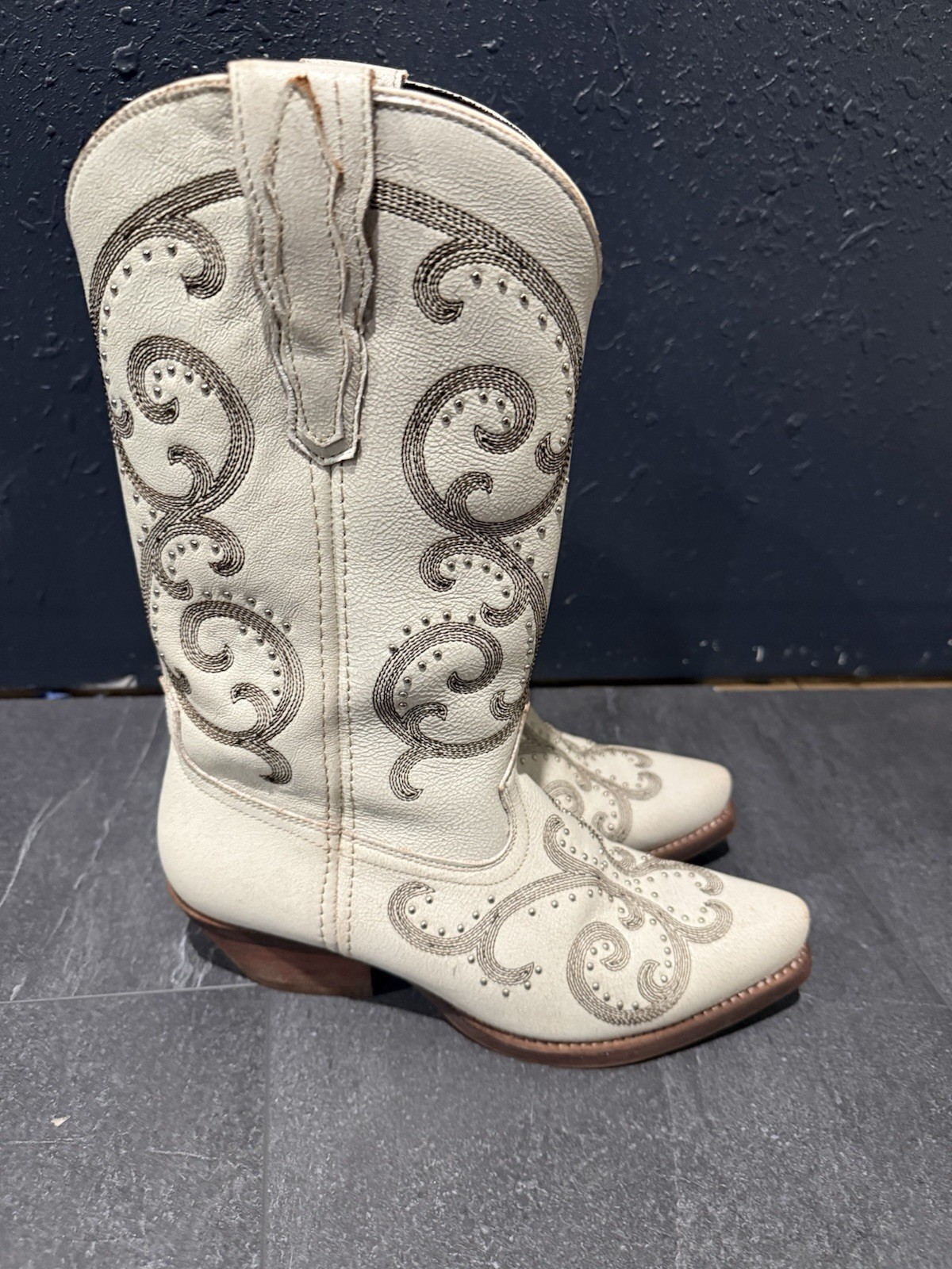 Rockin Country Women’s Leather Western Cowboy Boots Cream Embroidered Size 9 B