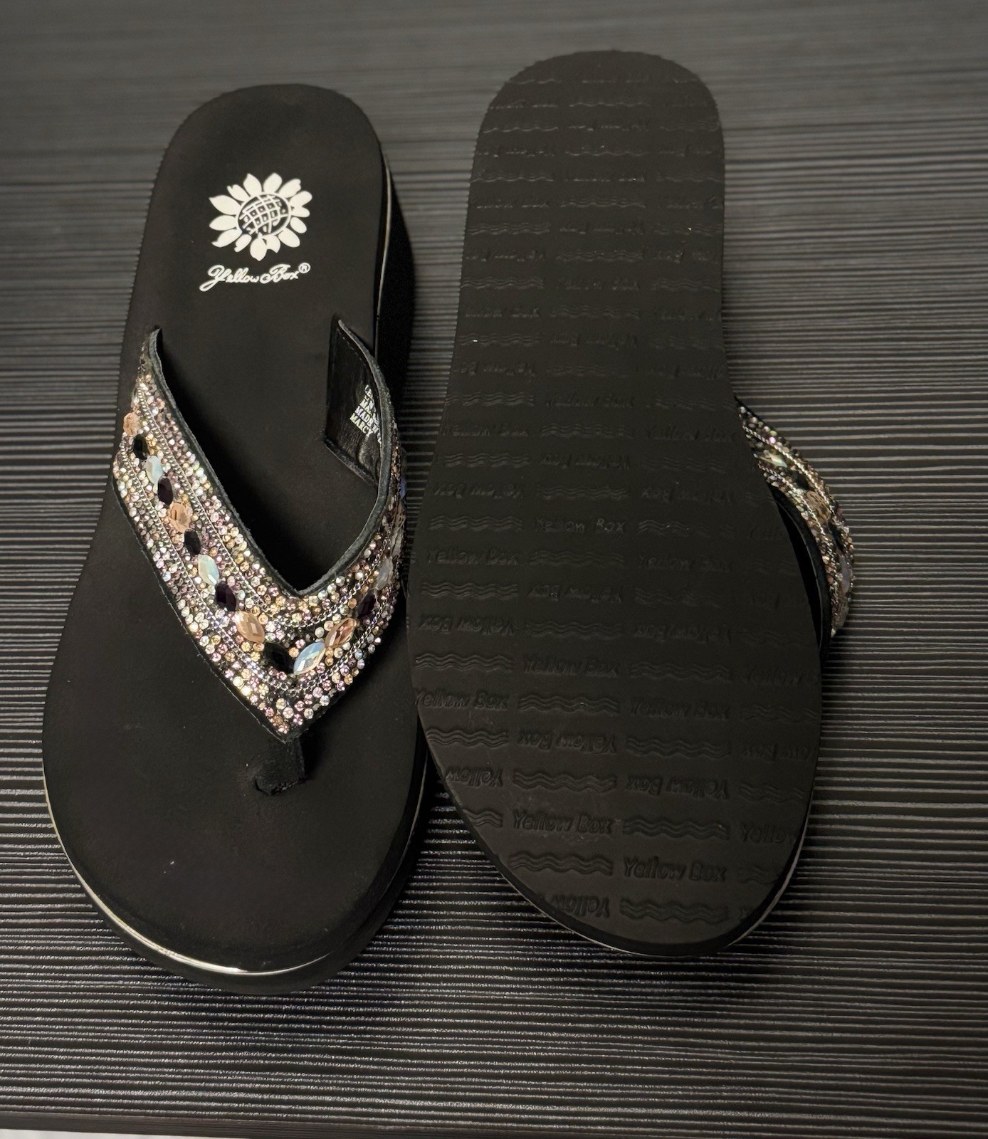 Yellow Box Black Suede Thong Wedge Sandals Beaded Rhinestone Slip-On 8