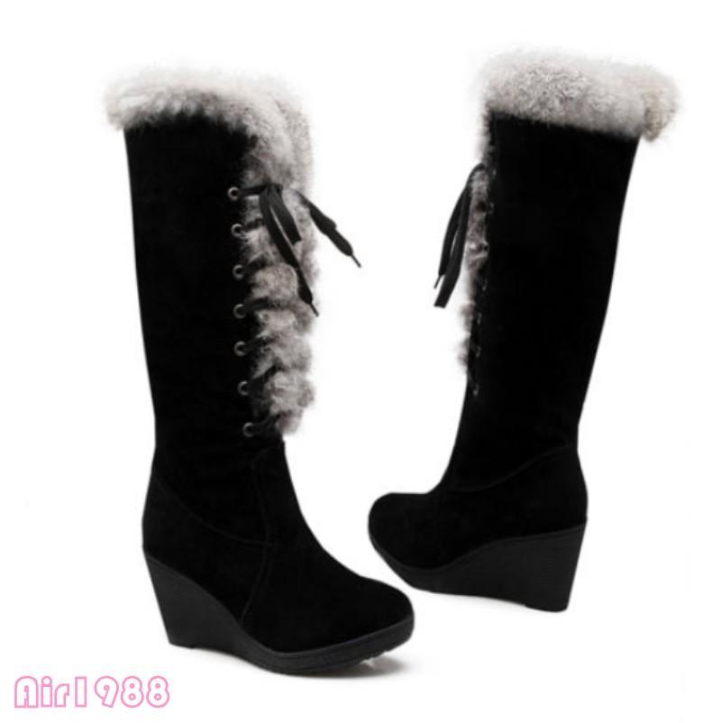 Women Snow Boots Wedges Platform Lace Up Knee High Boots Fur Trim Winter Shoes