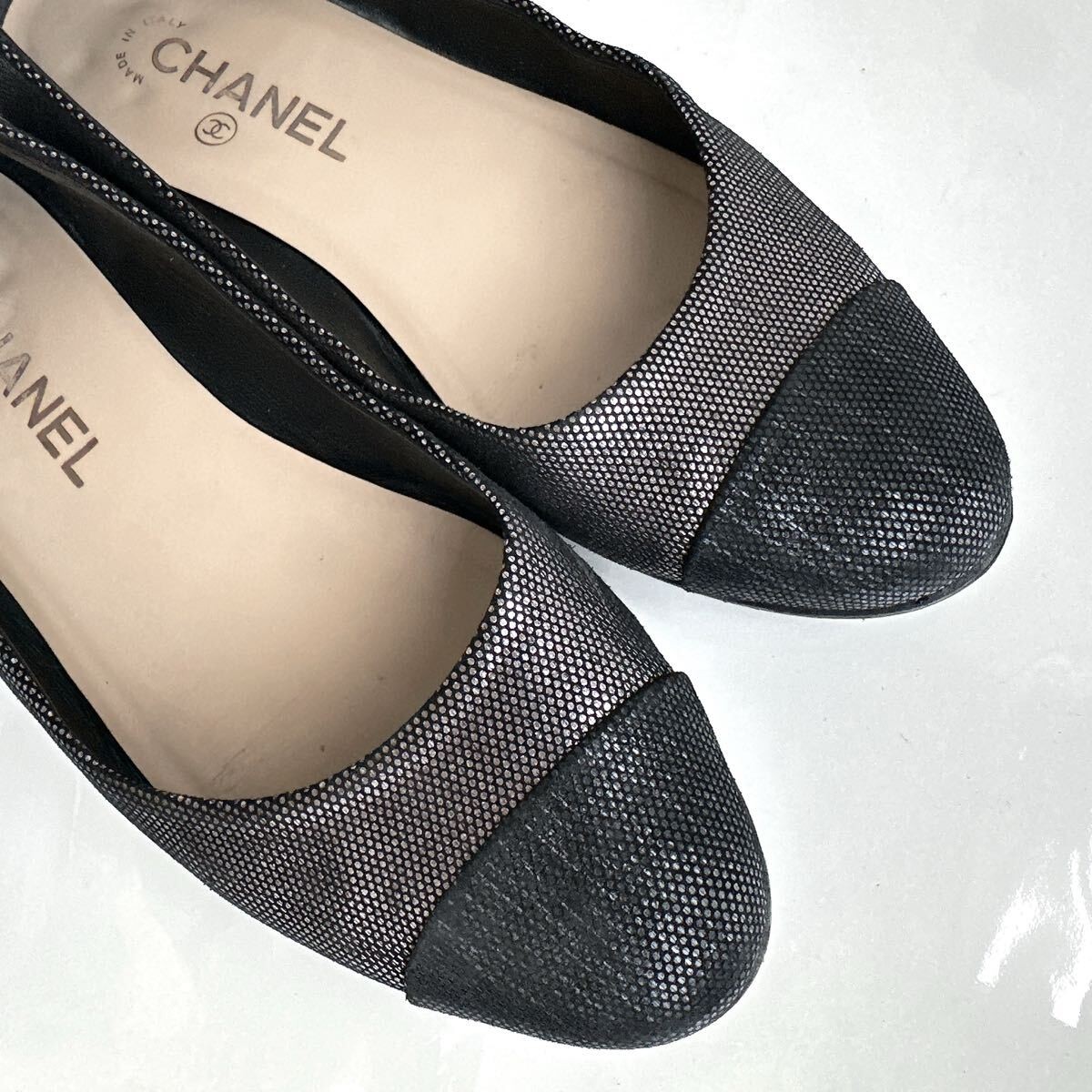 CHANEL Coco Mark Rhinestone Ballerina Flats Dark Gray Black EU39/US8.5
