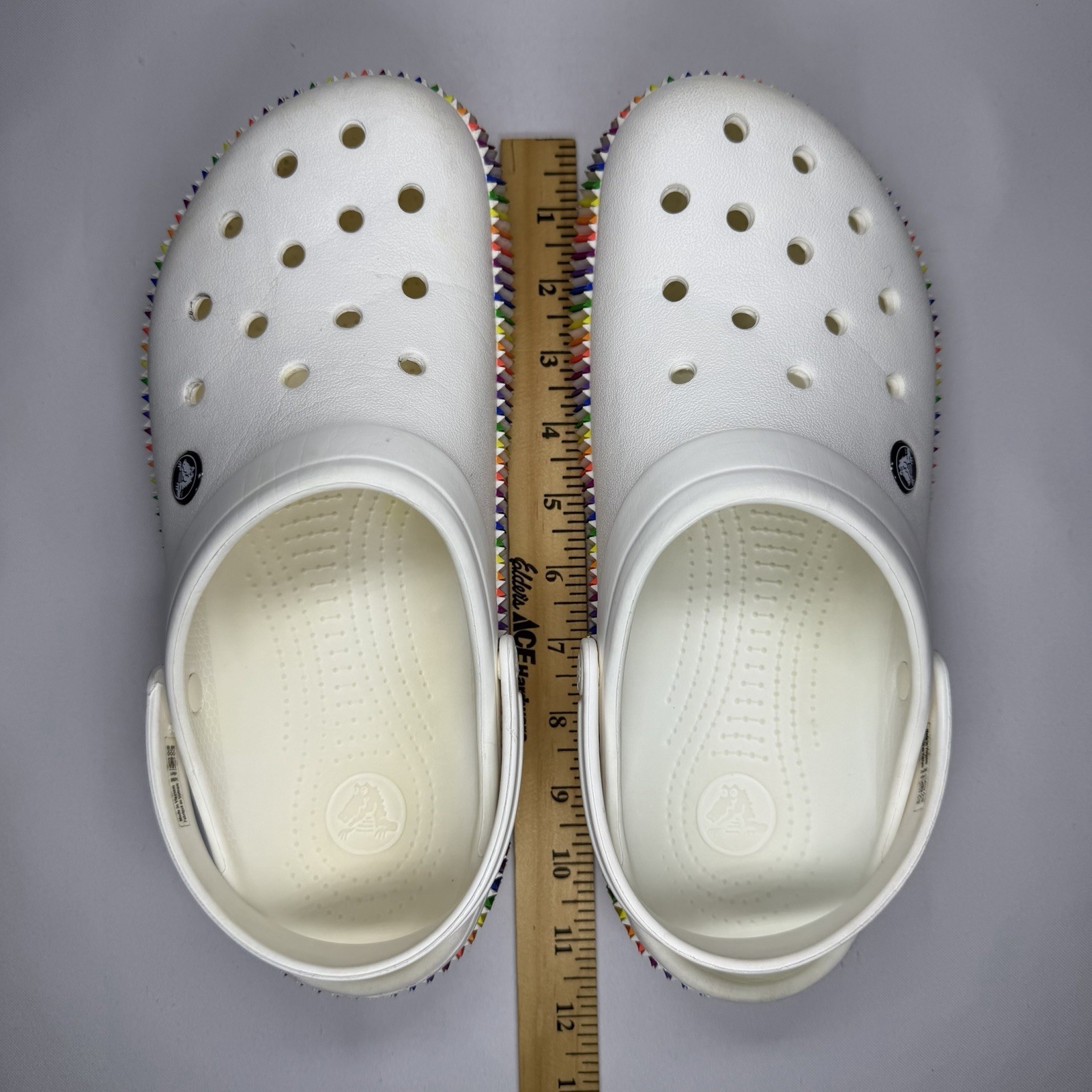 Crocs Classic Clog Shoes Womens 11 Mens 9 White Rainbow Pride Band Slip On