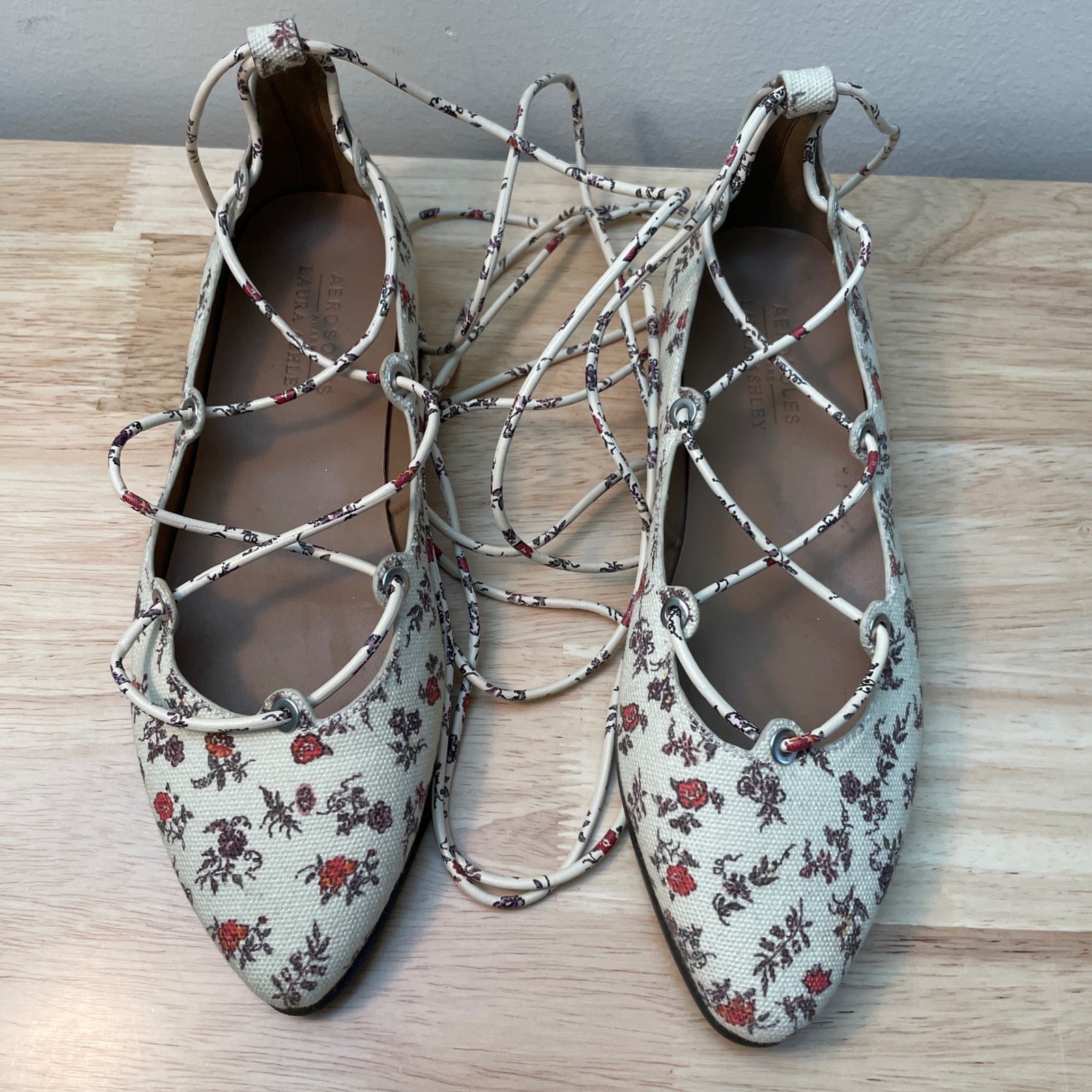 Aerosoles Aware Laura Ashley Floral Lace Up Ghillie Ballet Flats Cream Red 6.5