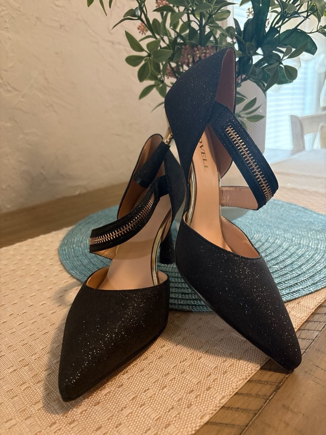 FINDVELL Black Shimmer Pumps with Decorative Zipper Strap Gold Accent Heels