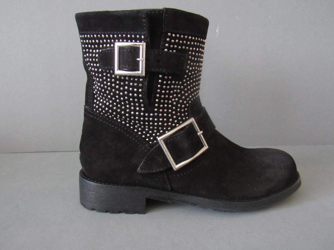 AUTHENTIC VINTAGE JIMMY CHOO NEW 36 BLACK SUEDE STUDDED BIKER ANKLE BOOTS NIB