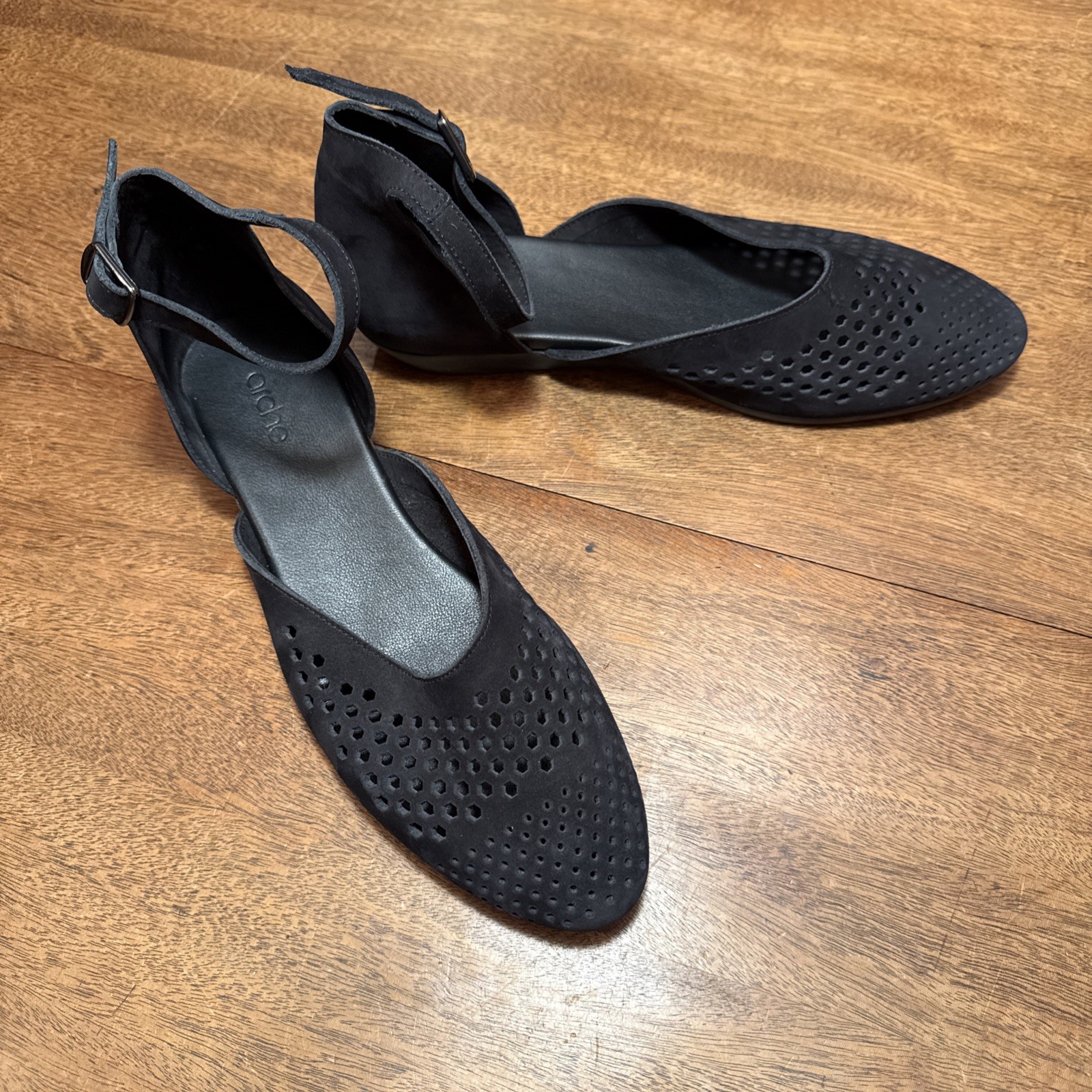 ARCHE Black Cut Out Leather Micro Suede Flats Ankle Strap France EU 42 US 10