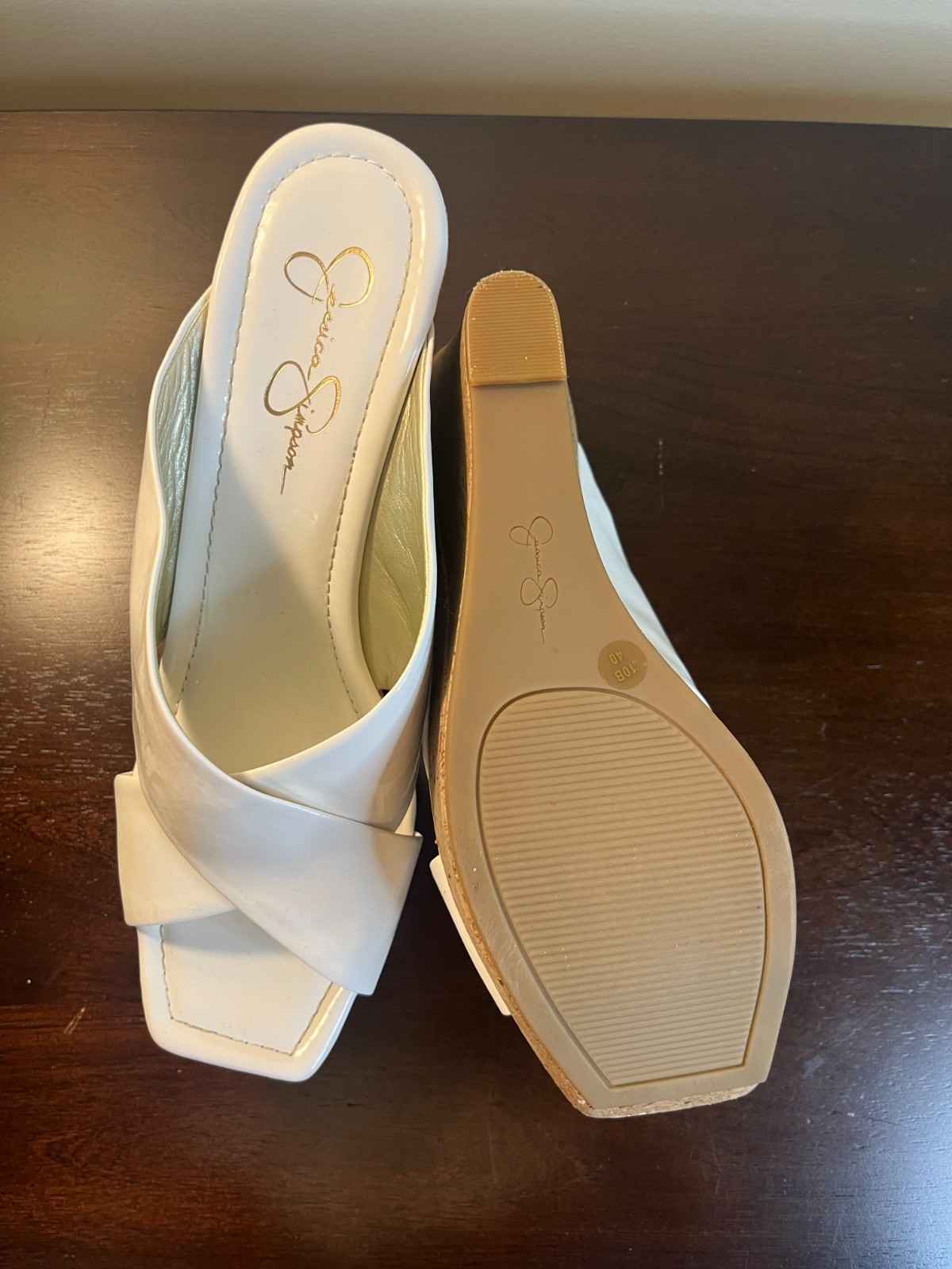 Jessica Simpson White Patent Wedge Sandals Women’s Size 10 Cork Platform