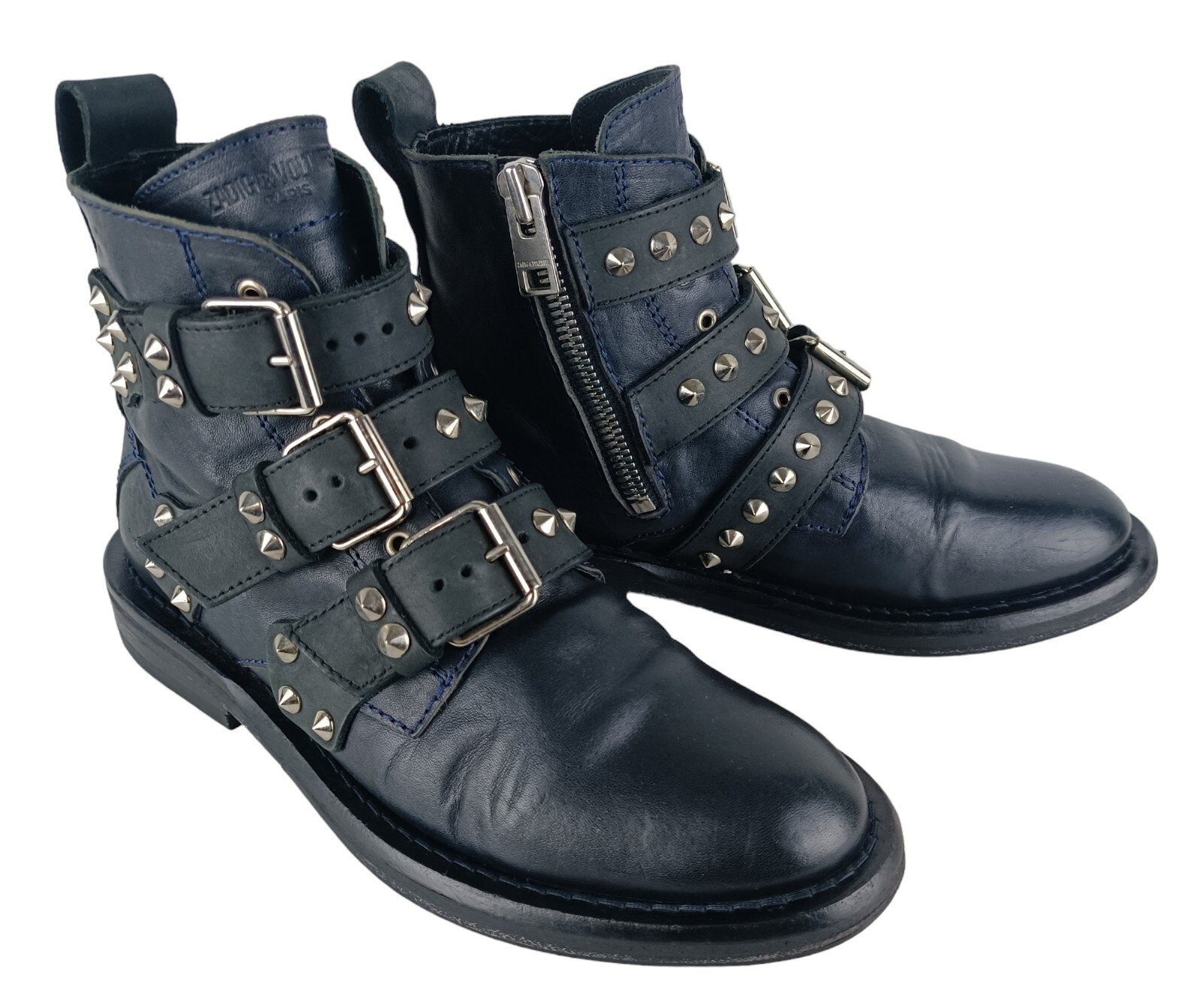 Zadig&Voltaire Womens Black Leather Studded Straps Ankle Boots Size EU 39