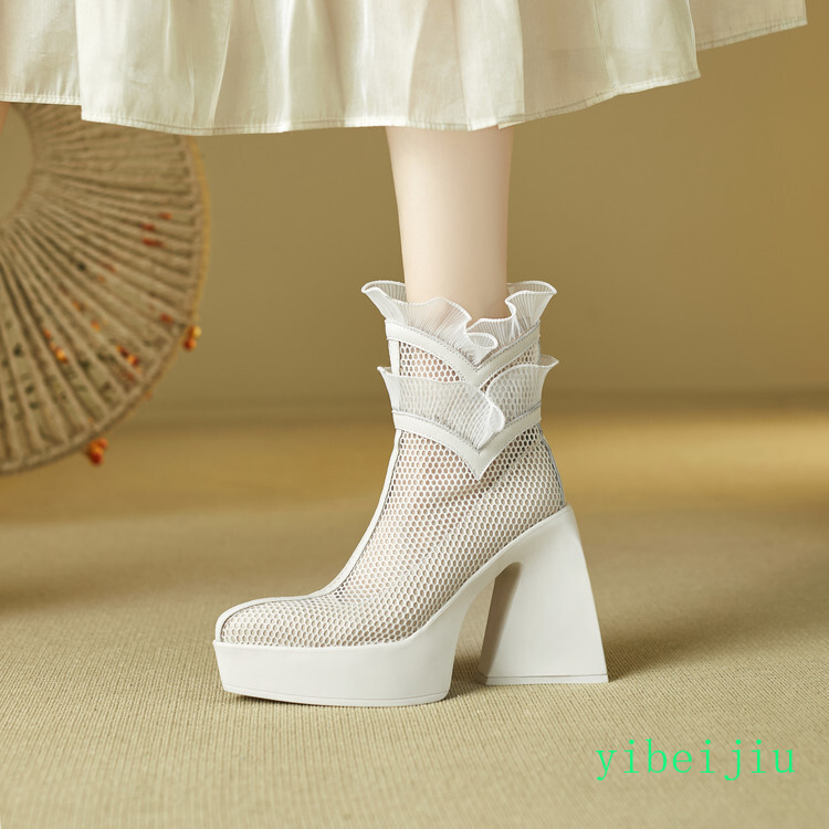 Women’s Ruffle Platform High Heel Fishnet Mesh Ankle Boots Lace Shoes Breathable