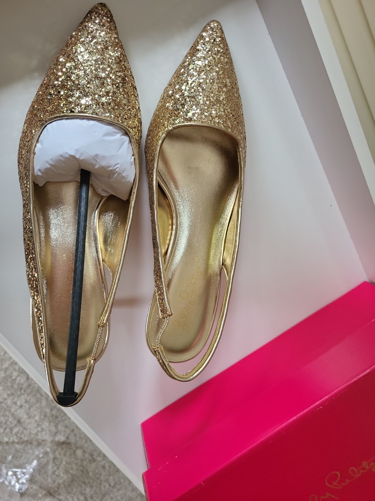 Lilly  Pulitzer Shaina GOLD GLITTER METALLIC Slingback KITTEN HEELS 8.5 NIB