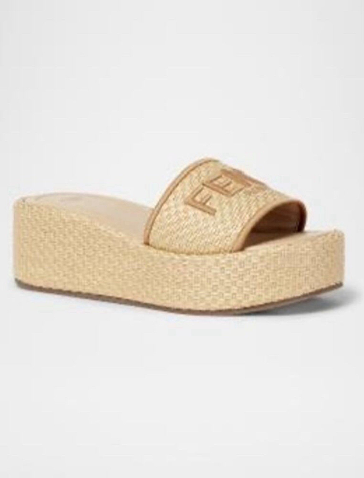 Fendi Sunshine Raffia Platform Slide Sandals in Beige Size 38/US 8