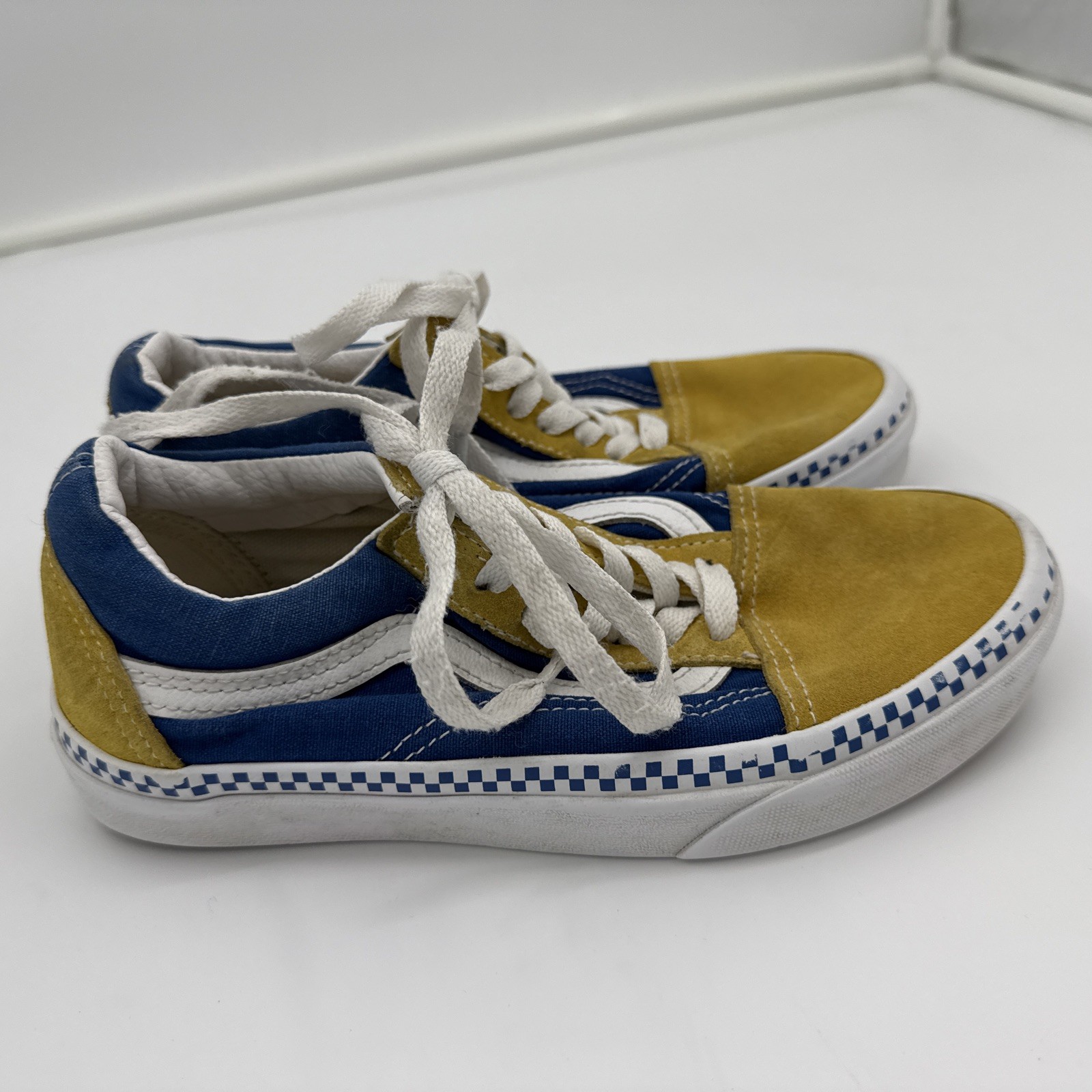 Vans Old Skool Shoes Women 5 Men 3.5 Blue Yellow Checkerboard Canvas Suede