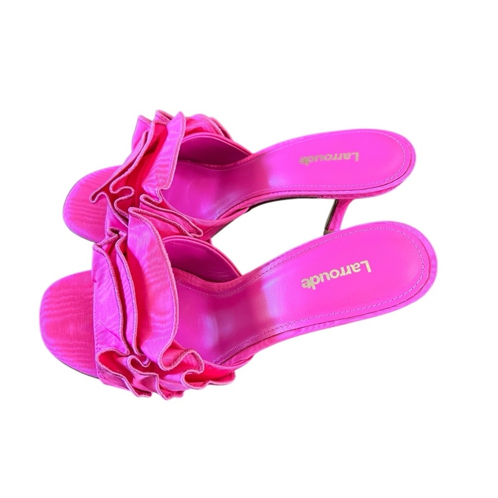 Larroudé Colette Ruffled High Stiletto Heel Sandals Ariana Magenta NEW Size 7.5