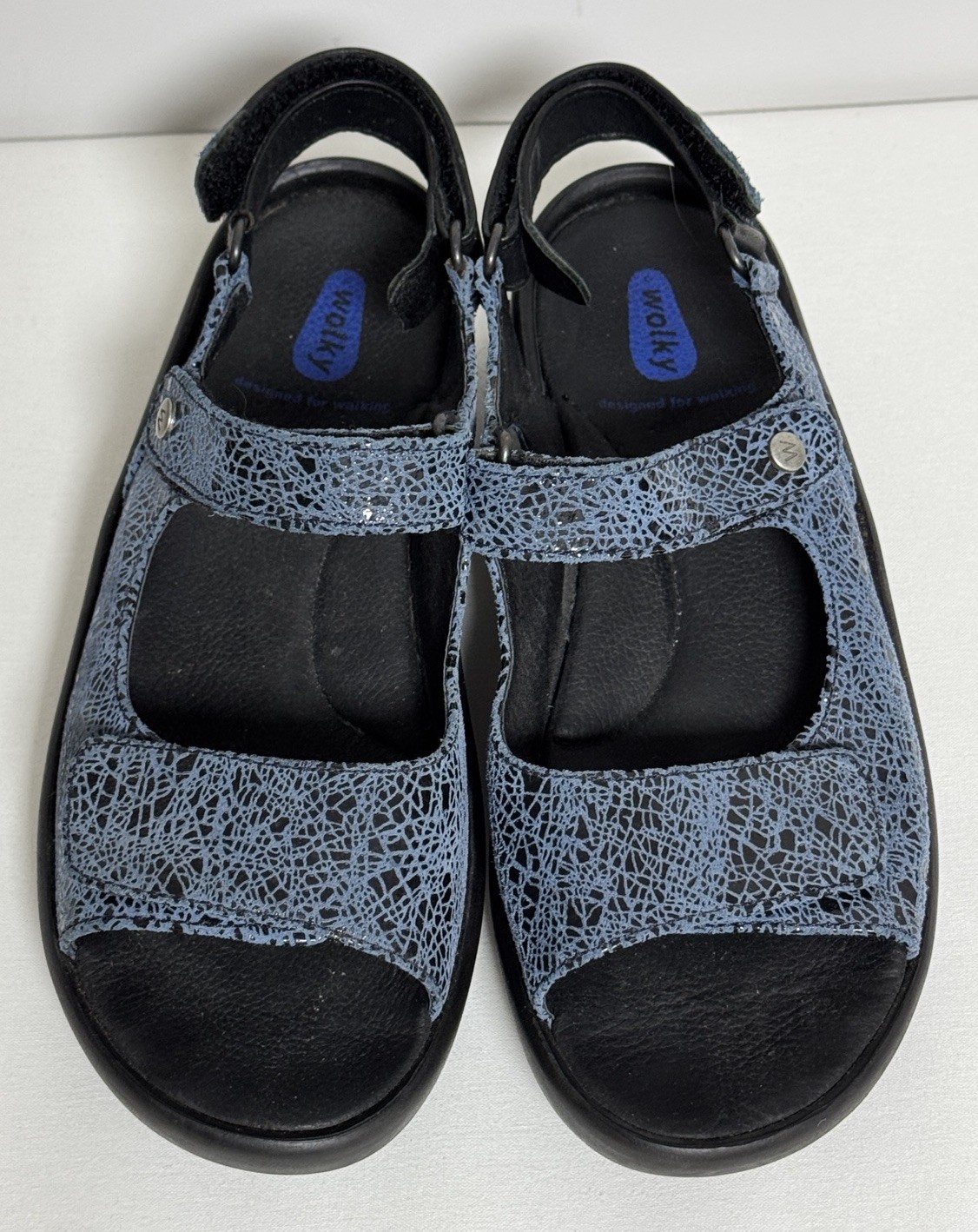 Wolky Rio Women’s Denim Crash Blue Leather Platform Sandals Sz 39
