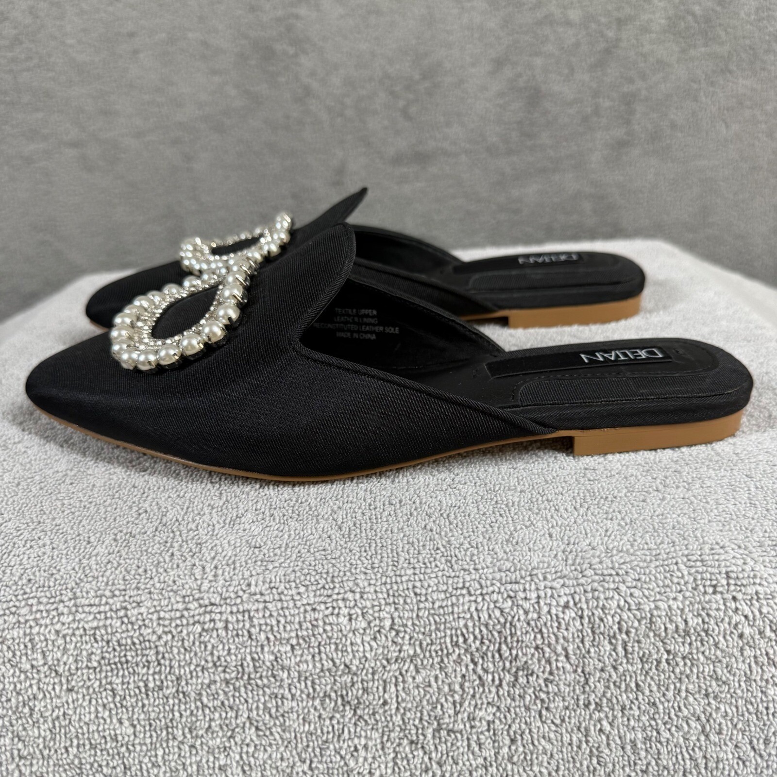 DELTAN Luna Pearl Rhinestone Grosgrain Mules Black Pointed Toe Flats 6.5