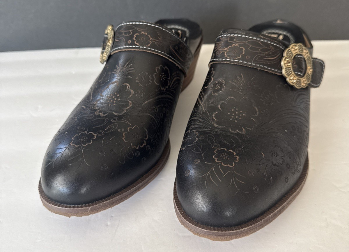 L’Artiste Spring Step Brown Hand Painted Floral Leather Clog Mule Size 42/US 11