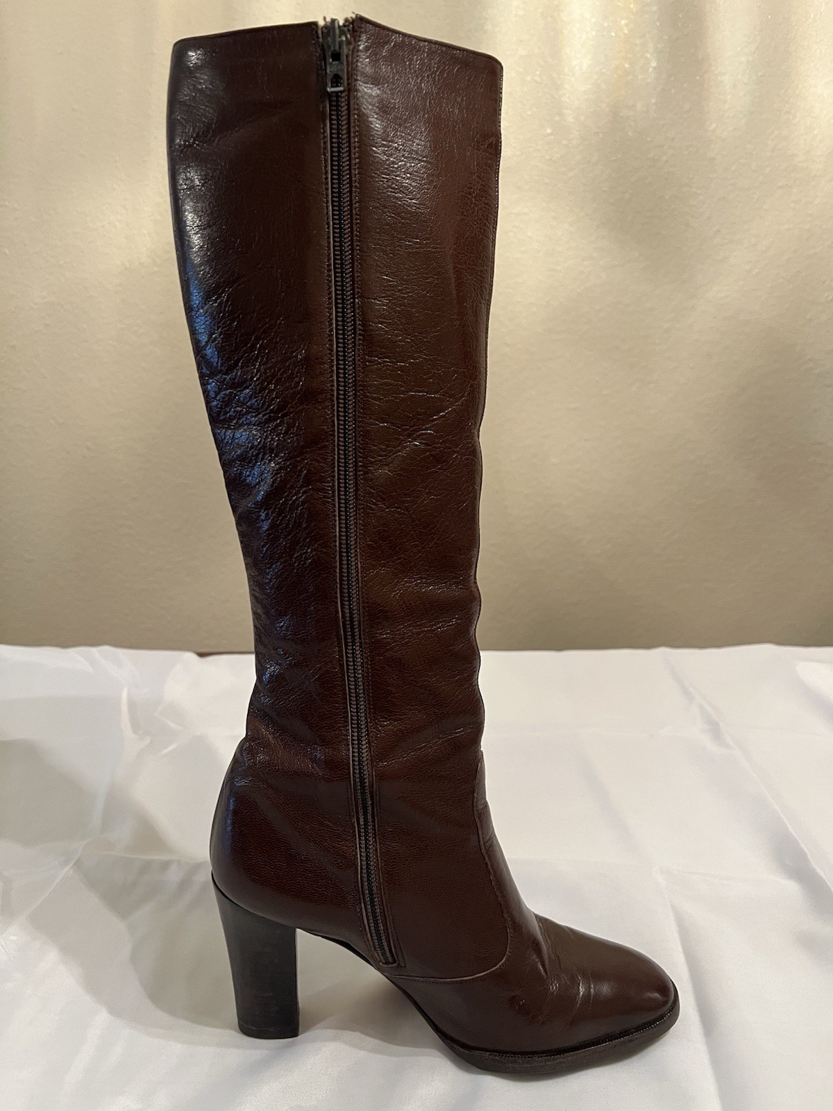 70s Vintage Halston Brown Leather Knee High Boots Womens 7M Block Heel Zip Italy