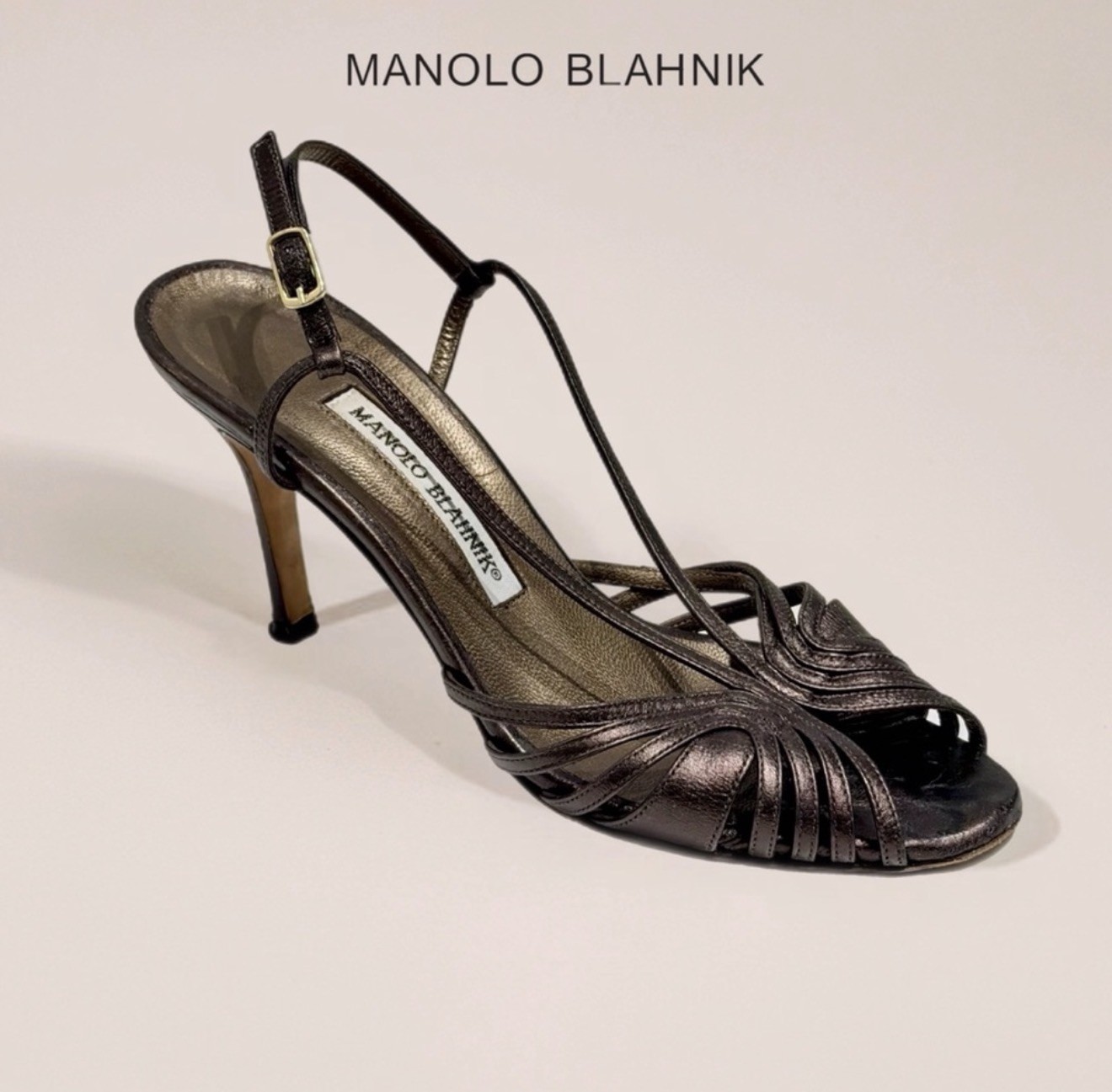 Manolo Blahnik Vintage Metallic Gunmetal Leather Strappy Slingback Heels 37.5