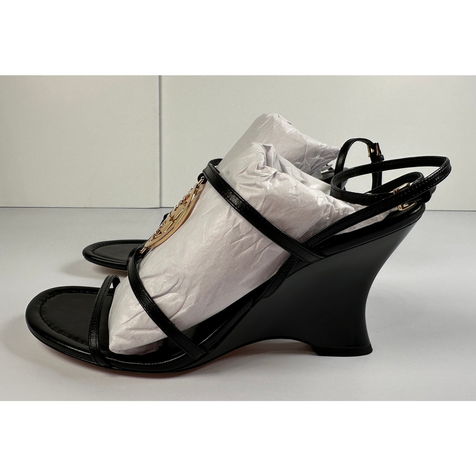 Tory Burch Capri Miller Leather Wedge Sandals Black Size 8 NIB #06S