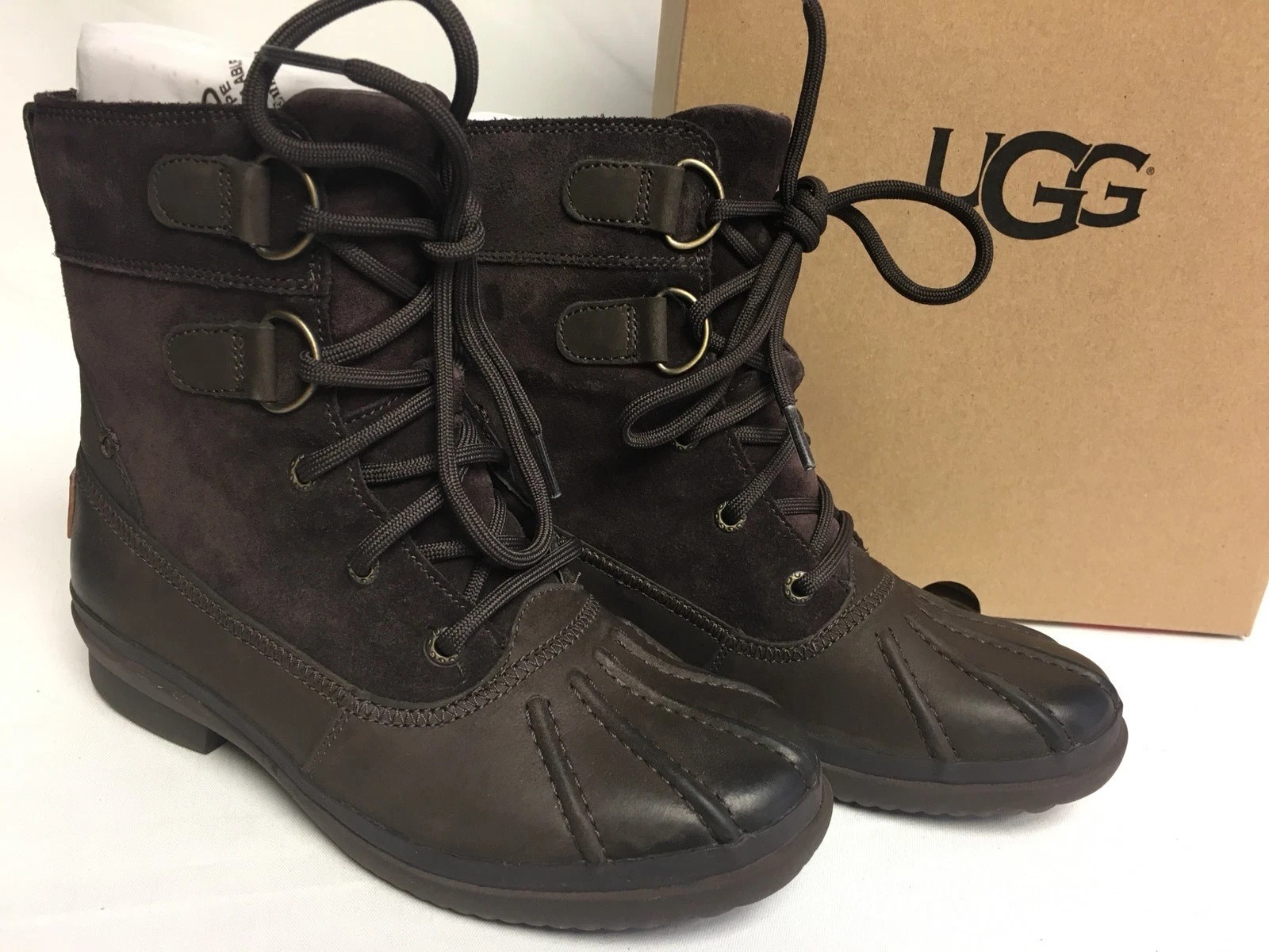 UGG AZARIA Stout Brown LEATHER SHEEPSKIN WATERPROOF DUCK BOOTS 1017380 Size 5