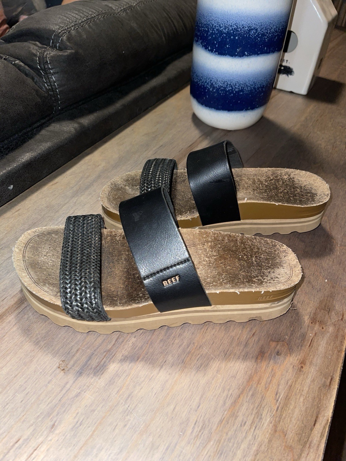 Reef Black Two-Strap Slide Sandals Logo Accent Cork Insole Women’s US 8