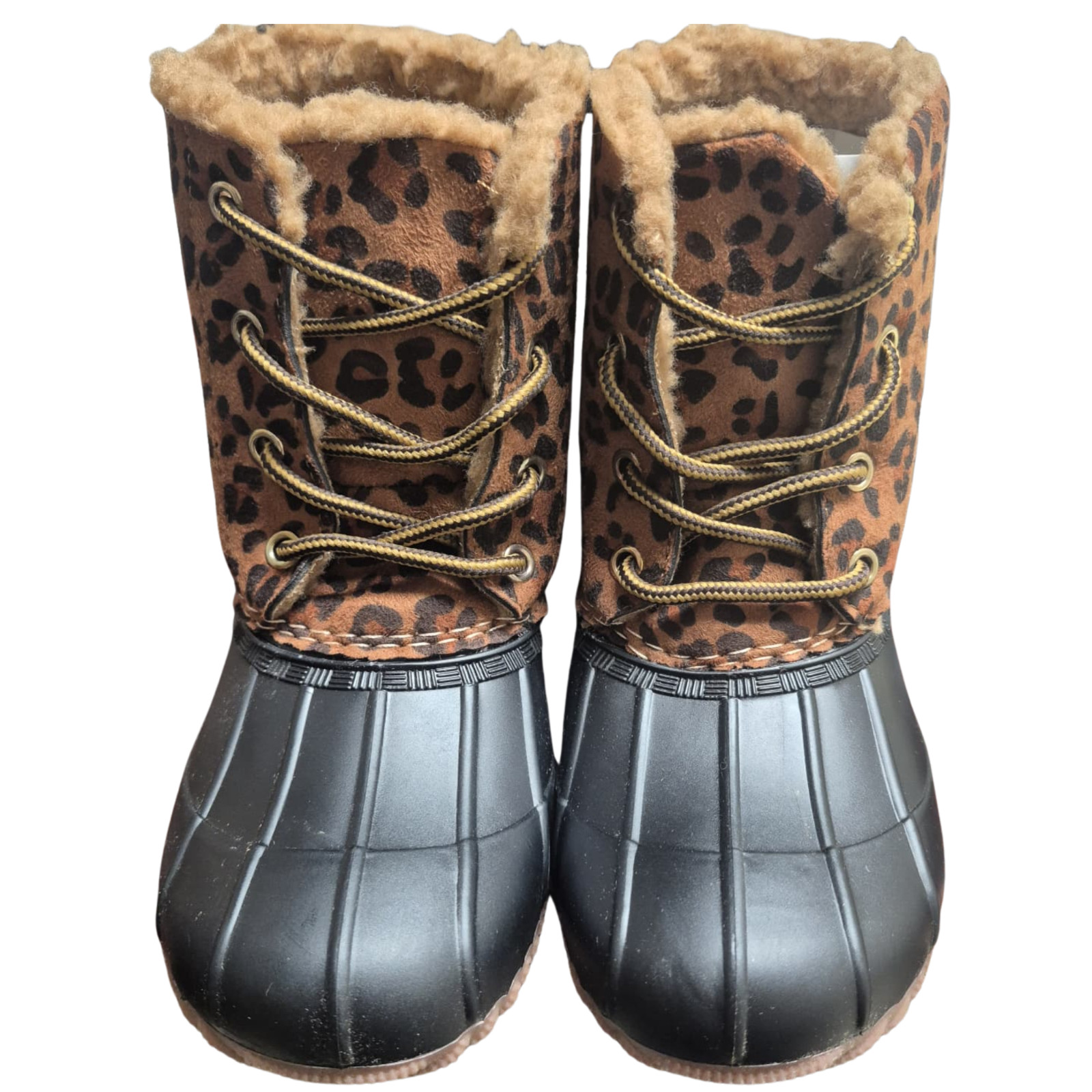 Olivia Miller Girls Lace-Up Duck Boots Size 12 – Leopard Faux Fur Lined